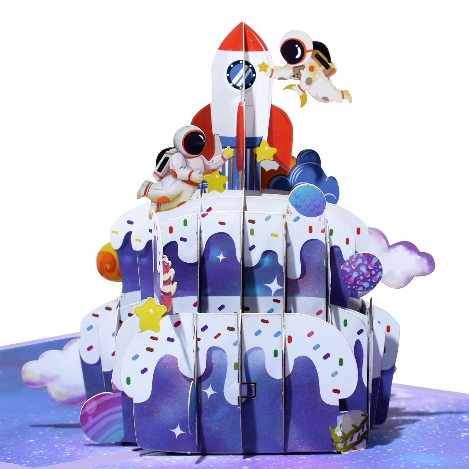 DLYMXGC Rocket and Astronaut Cake Pop Up Happy Birthday Greeting Card, ideal love Gift for Adult and Kid with Blank Note Card & Envelope, Foldable