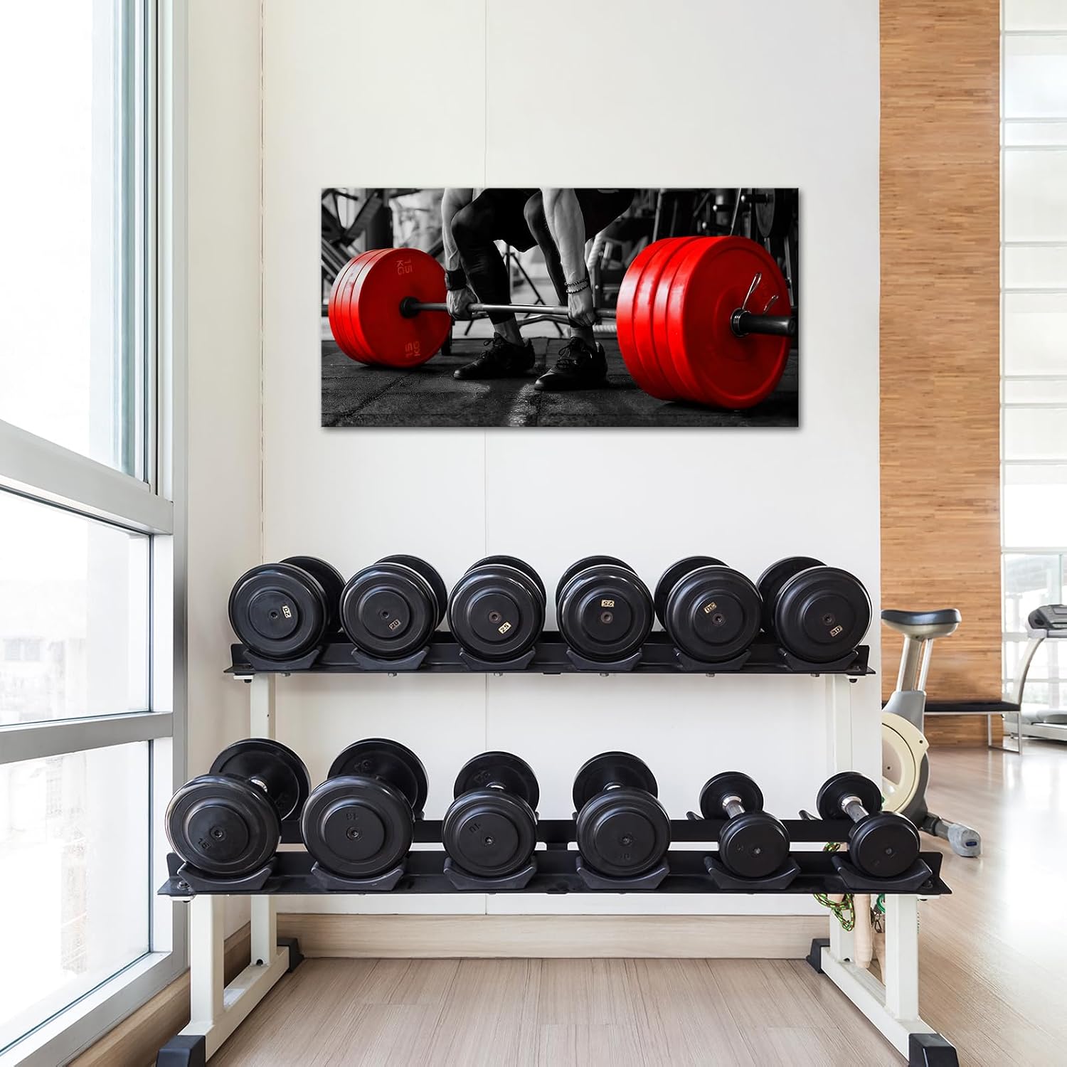 Muzenso Red Barbell Deadlift Canvas Wall Art 20x40 Inch Black and White Fitness Artwork with Red Weight Plates Motivational Strength Training Picture Modern Gym Office Home Decoration Stretched Canvas Ready to Hang