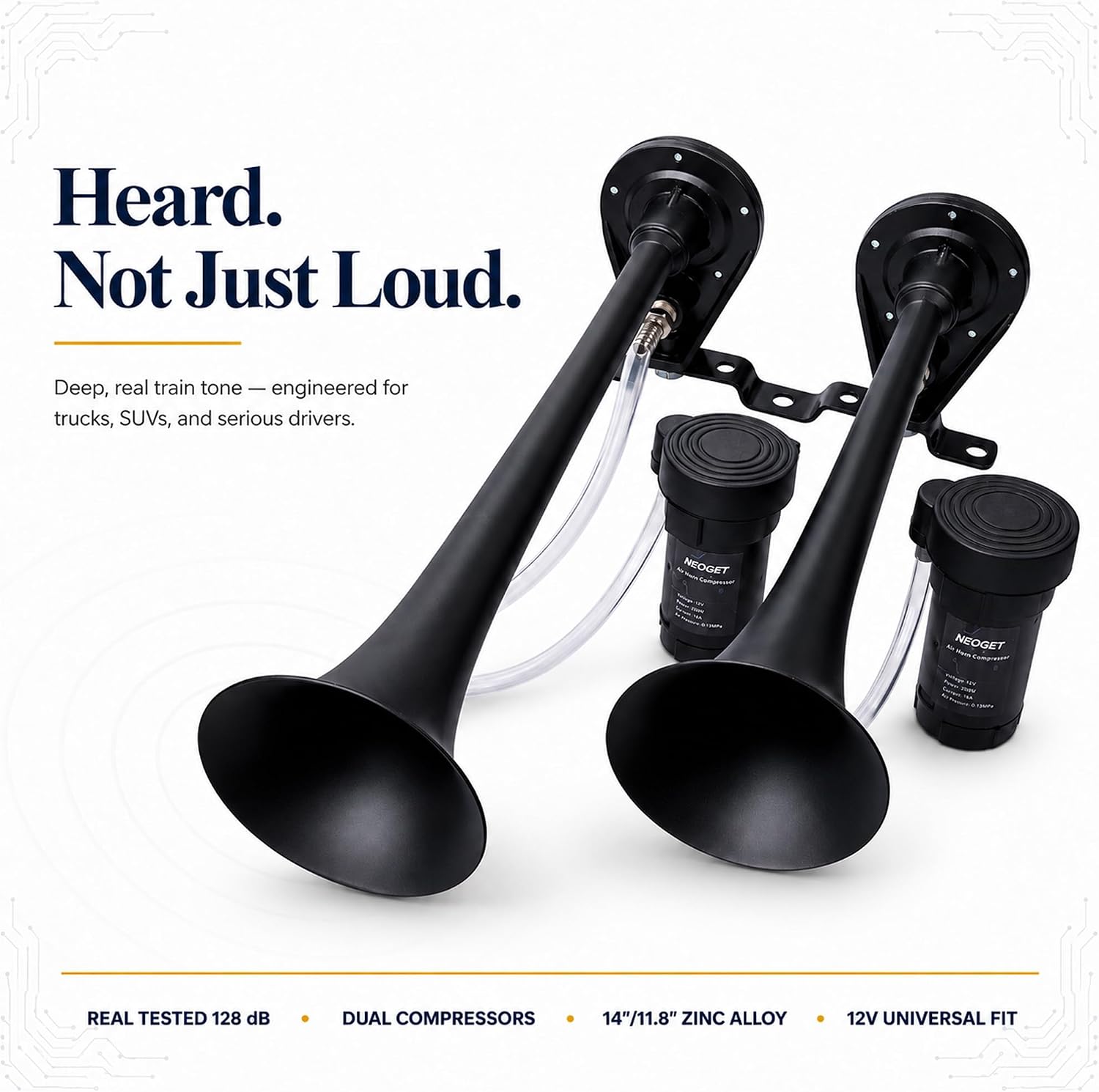 Dual Trumpet Train Horn 12V with Dual Compressors, Deep Real Train Sound, Long 14"/11.8" Zinc Alloy Trumpets, Real Tested 128dB Super Loud for Truck SUV Pickup Van RV Off-Road(Black)