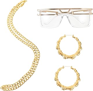 Halloween Hip Hop Costume Kit for Women, Golden Plastic | Eyeglass, Necklace, Bracelet Pieces, Costume Outfit Accessory Set, Vintage-style for Women