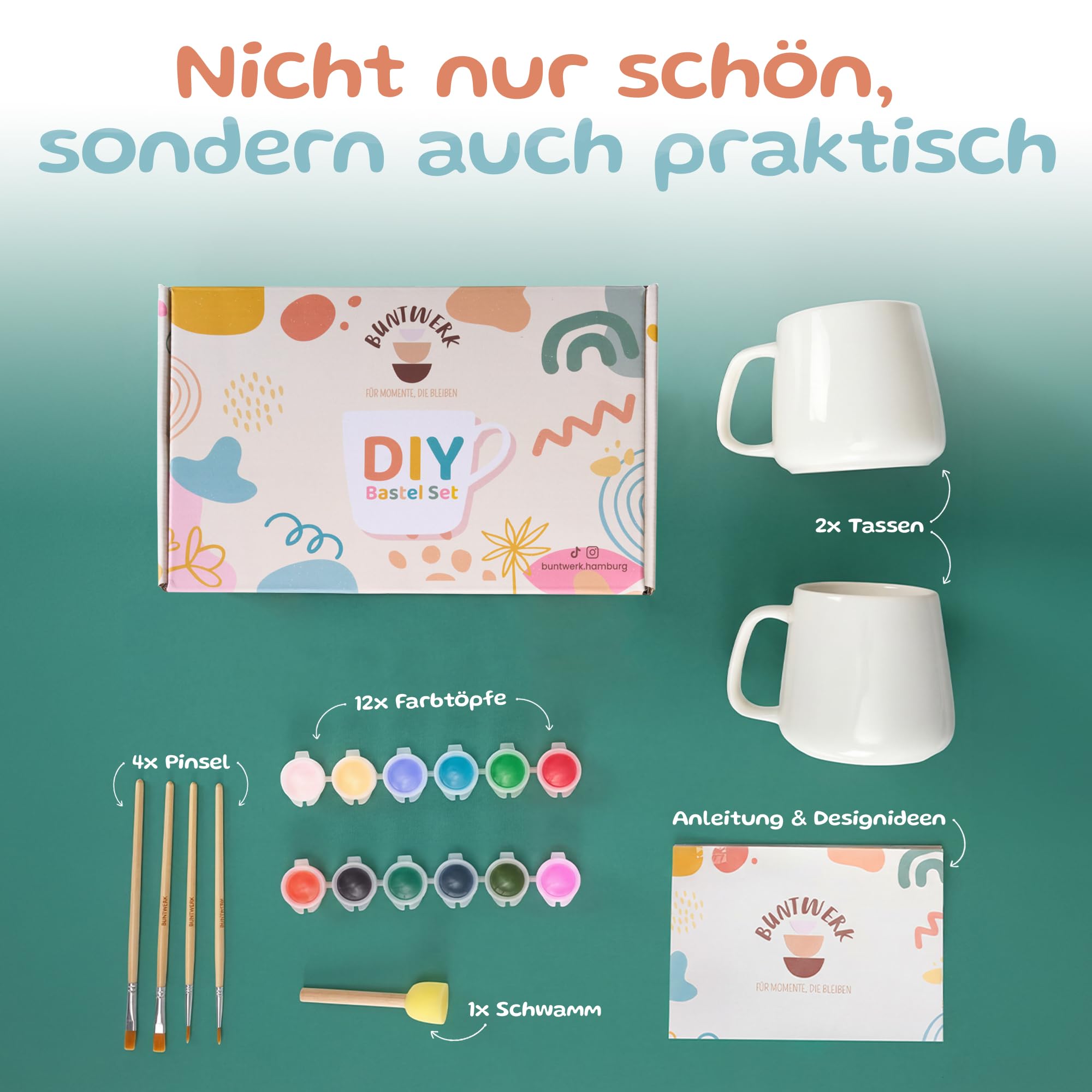 Generisch Keramik Bemalen Set – DIY Keramik Selbst Bemalen Set für Zuhause – Tassen Bemalen Set mit leuchtenden Farben & Keramikpinseln – Kreatives Ceramic Painting Set für Erwachsene & Kinder