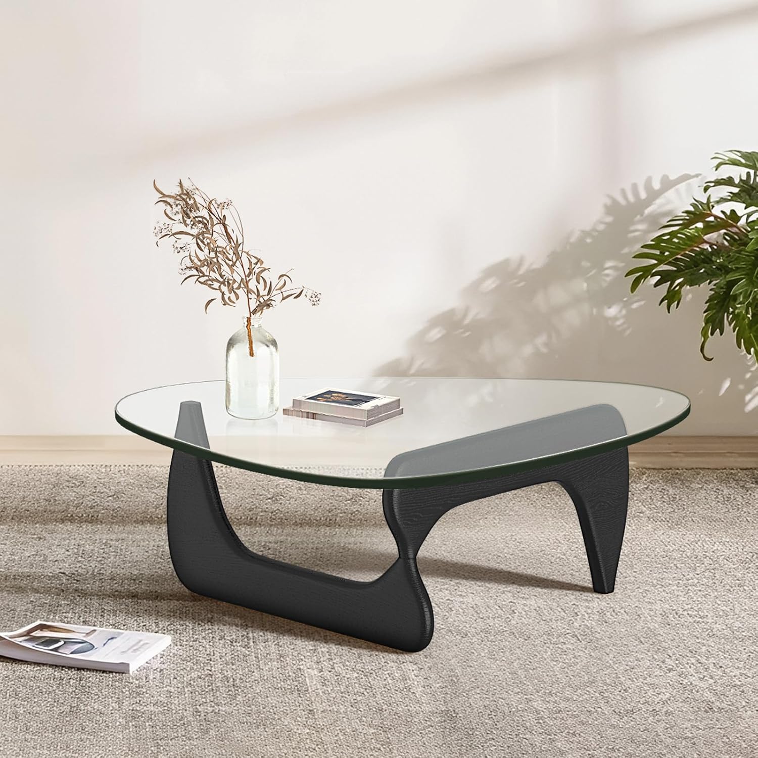 Triangle Glass Coffee Table for Living Room Mid Century Modern Center Table with Glass Top and Wood (Black (High-end), XL (50"x37.5"x16"))