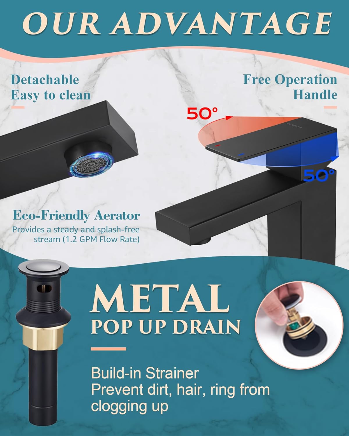 Close-up of KUZOR faucet showing detachable aerator and metal pop-up drain.