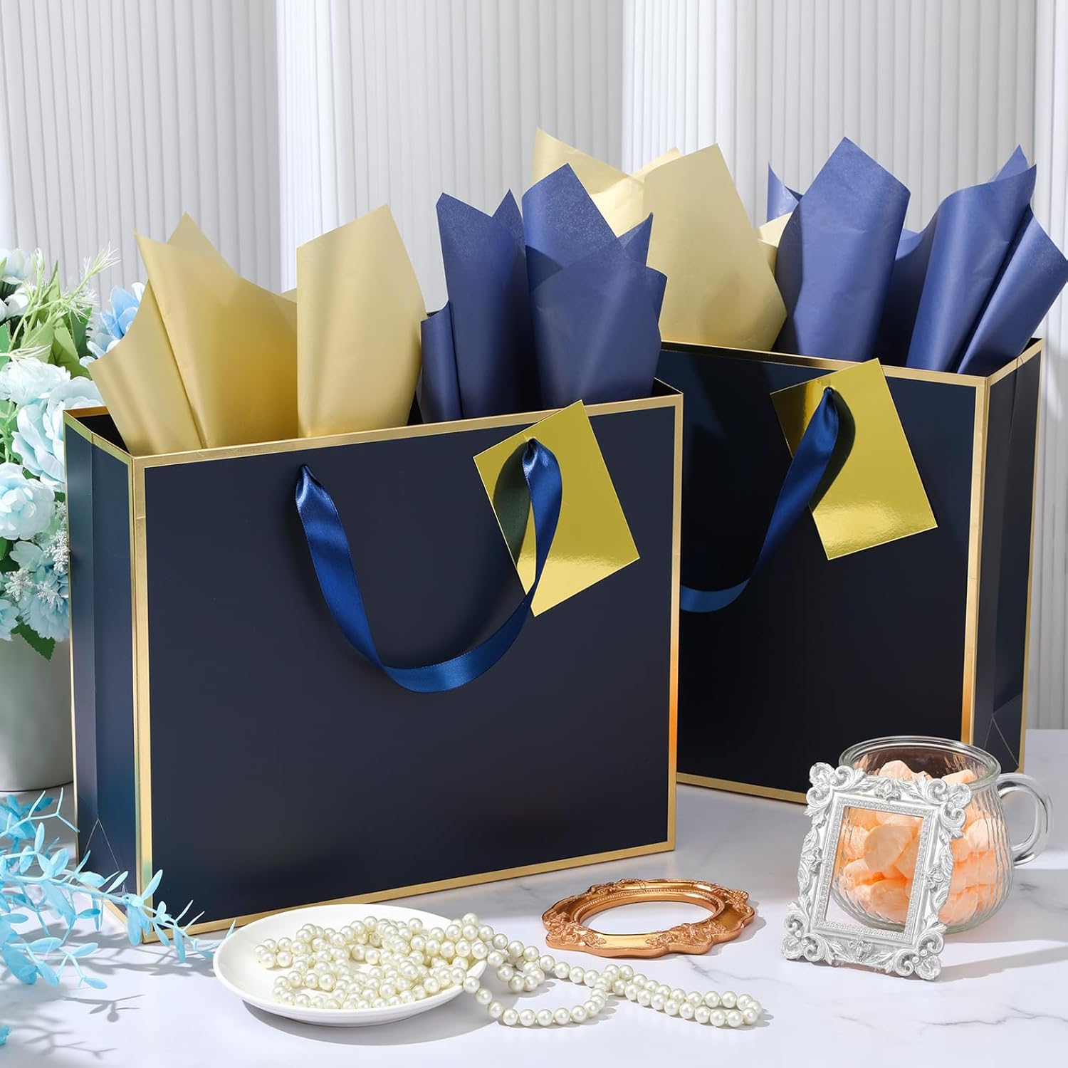 ReliThick 6 Pack Metallic Paper Gift Bag with Handles Tissue Paper Gold Tag Pen Thank You Favor Bag for Wedding Party Bridesmaid Bridesman 5 Senses Anniversary Birthday Favor(Blue Gold) - Image 5