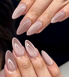 Artquee Press on Nails Medium Length Galaxy Cat Eye Almond False Tips Pink Glossy Reusable Fake Stick on Nails Kit for Women - 30 Pcs 15 Sizes