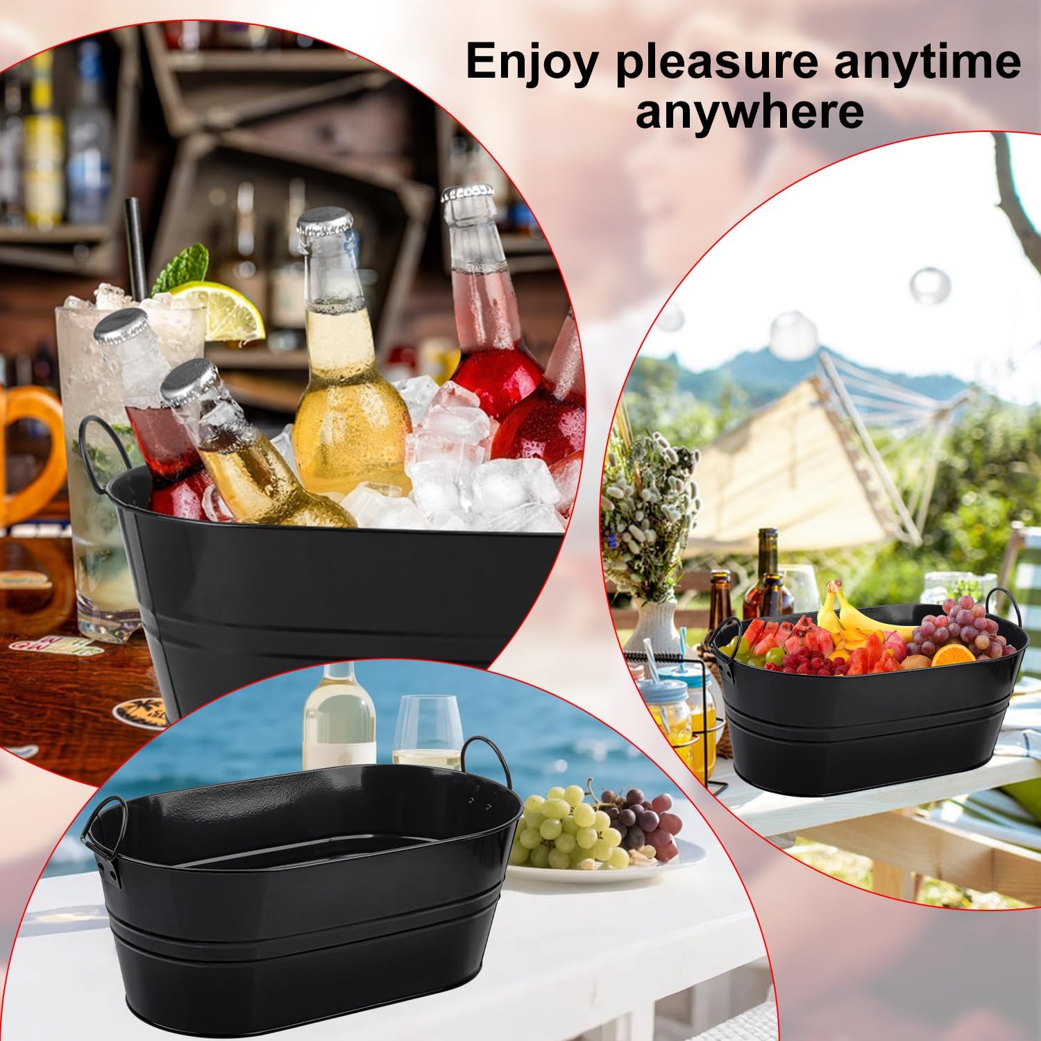 2-Pack 3 Gallon Black Metal Beverage Tub, Galvanized drink Tub for Parties, Large Beverage Ice Tub with Carry Handles, Rust-Resistant Outdoor Champagne Cooler (15.3 × 9 × 6 in, Black)