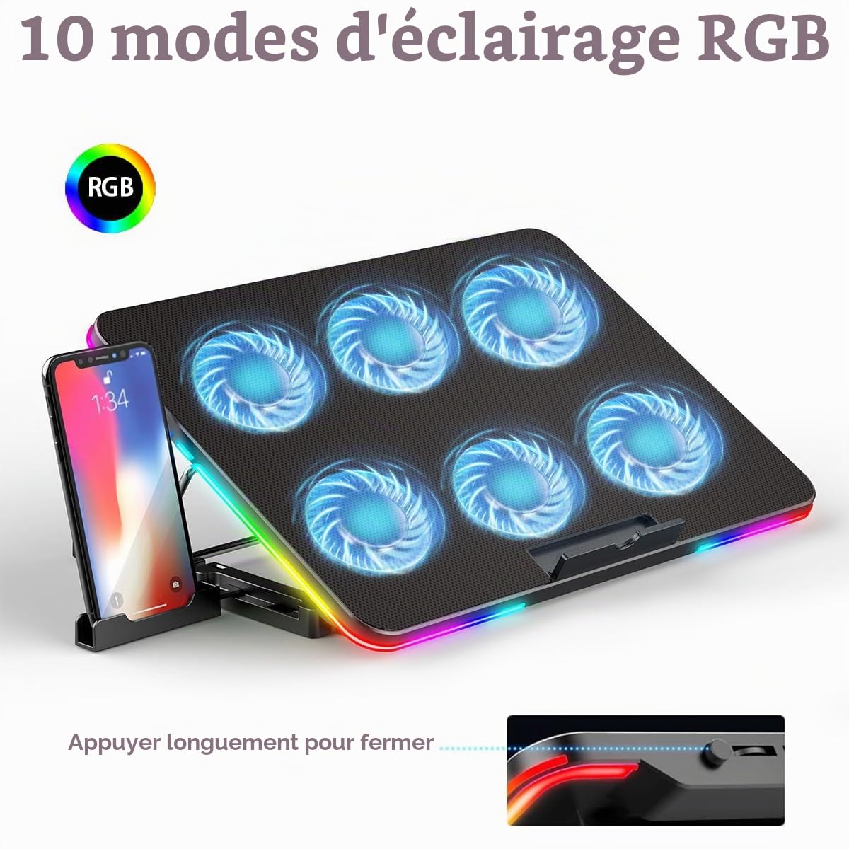 LIANGSTAR Refroidisseur PC pour Ordinateur Portable,10 éclairage RGB Les Modes & 7 Hauteur Réglable, 2 Lndépendant La Vitesse Contrôler, Parfait pour Ordinateur Portable 12-17 Pouces