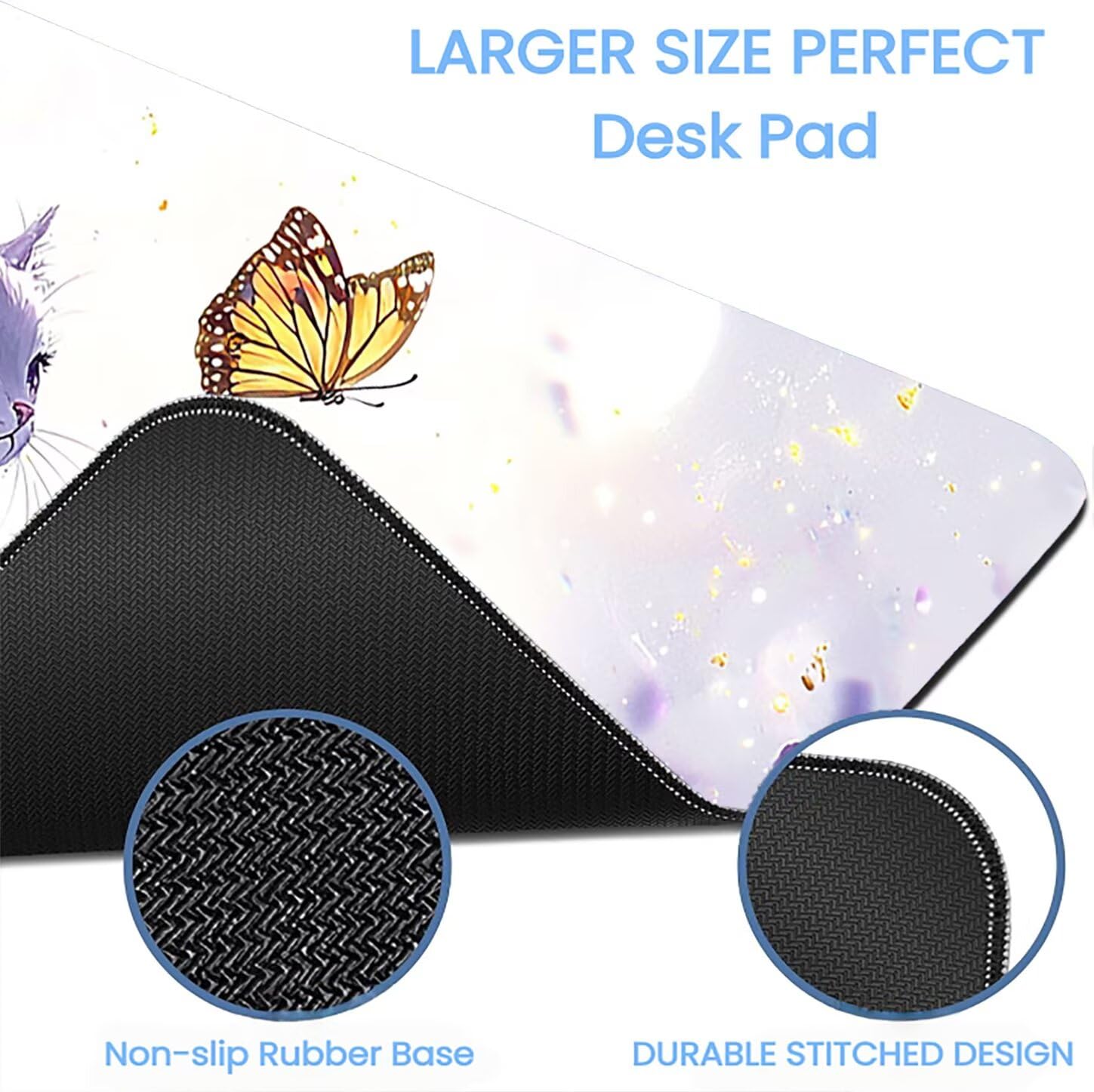 Lpfieonn Katze Großes Schreibtischunterlage, XXL Schreibtischunterlagen, Schmetterling XXL Wasserdicht Gaming Mousepad mit Vernähter Rand und Rutschfeste Gummibasis, für Hause/Büro 120x60cm PF-2825
