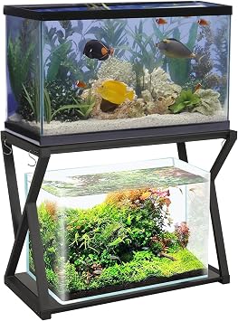 Fish Tank Stand 40 Gallon Aquarium Stand, Metal Heavy Duty 20 Gallon Turtle Tank Shelf, Reptile Tank Stand with Hooks, L36.6*W18.5*H28, Black Oak Grain Stand Only