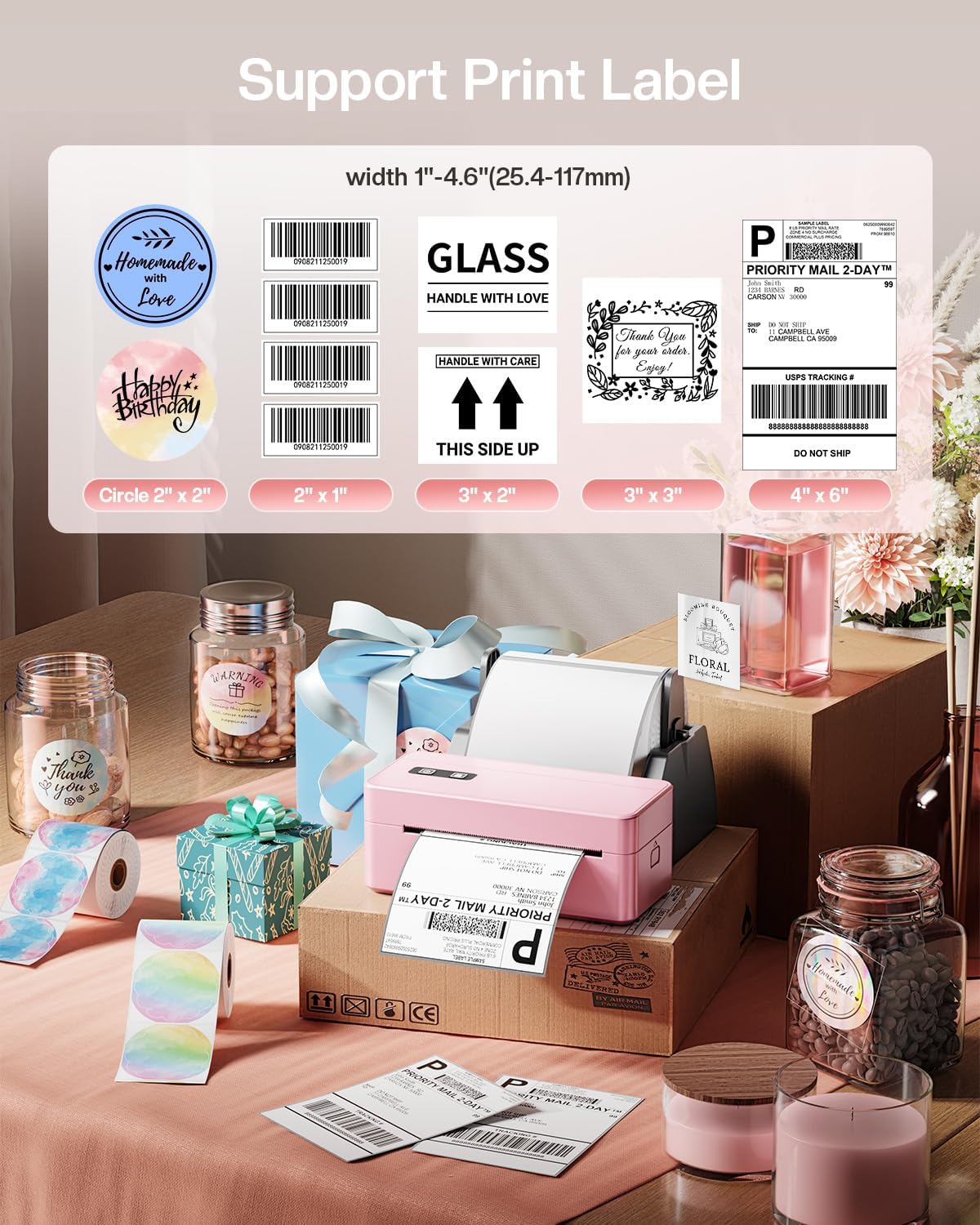 Shipping Label Printer 4x6, Pink Thermal Label Printers with Label Holder for Small Business & Shipping Packages, Compatible with iOS Android,Windows, macOS, Tiktok, UPS