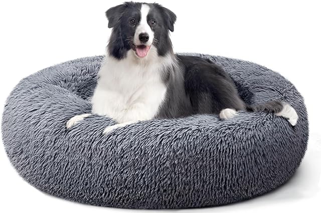 YOJOGEE Calming Donut Dog Bed for Large Dogs, XL Dog Beds Fluffy Extra Large Washable Dog Bed Non-Slip Anti Anxiety Plush Dog Bed Cuddler Round Faux Fur Pet Bed 70x70x19cm Dark Grey