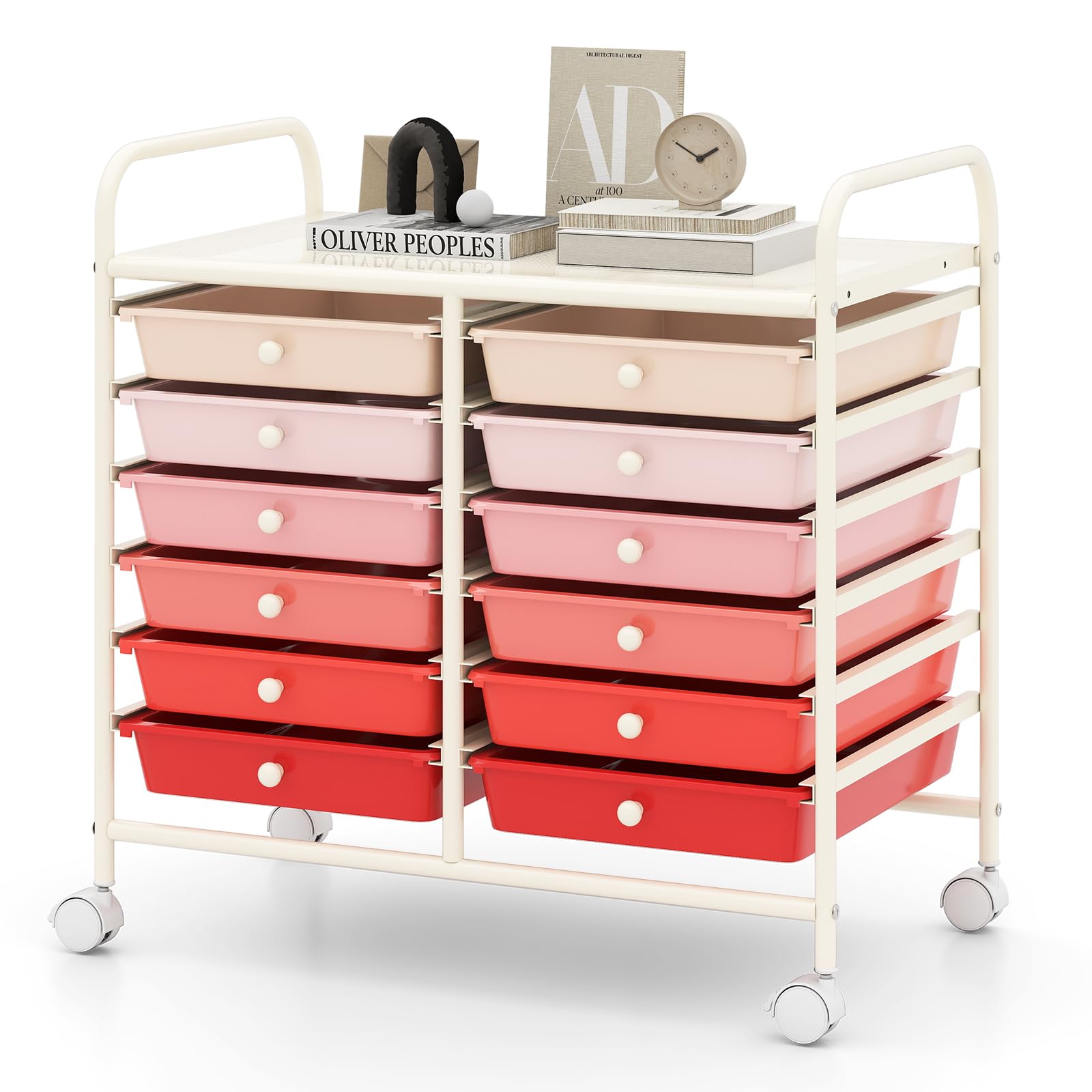 TANGZON 12 Drawers Storage Cart, Rolling Utility Cart with Lockable Wheels, Multipurpose Mobile Trolley Organizer for Home Office Stationery Beauty Salon (Gradient Pink, 63 x 37 x 63cm)