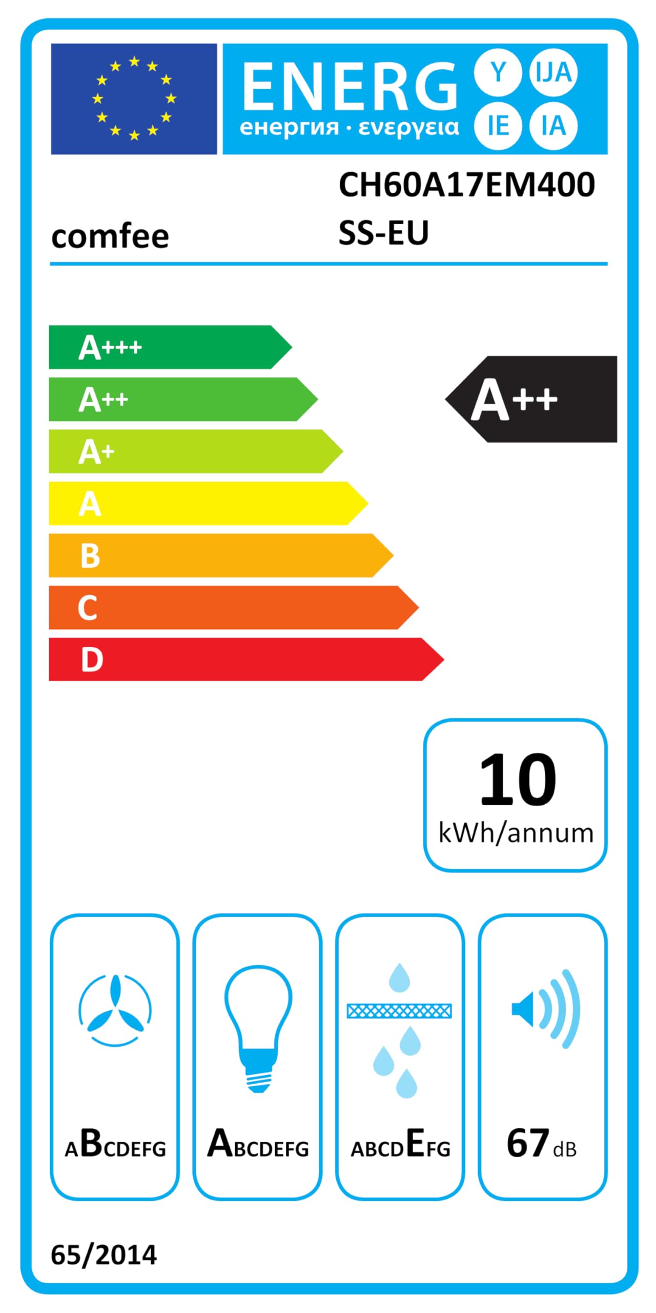 COMFEE' CH60A17EM400SS-EU A++ Hotte Aspirante 60 cm à Recirculation et Évacuation d'air avec Filtre à Charbon Actif, Débit d'air de 400 m³/h, Filtre à Graisse Lavable, Cheminée Réglable, Argenté