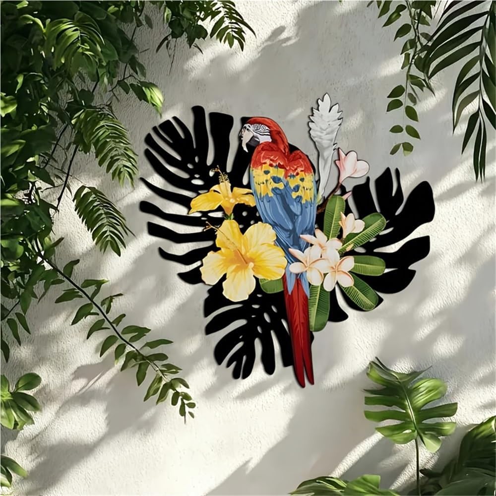 Tropical Macaw Parrot Wall Decor - 15.74-Inch Colorful Red, Blue, Yellow & Green Iron Sculpture with Hibiscus Flowers, Sturdy Indoor/Outdoor Metal Art for Living Room, Garden