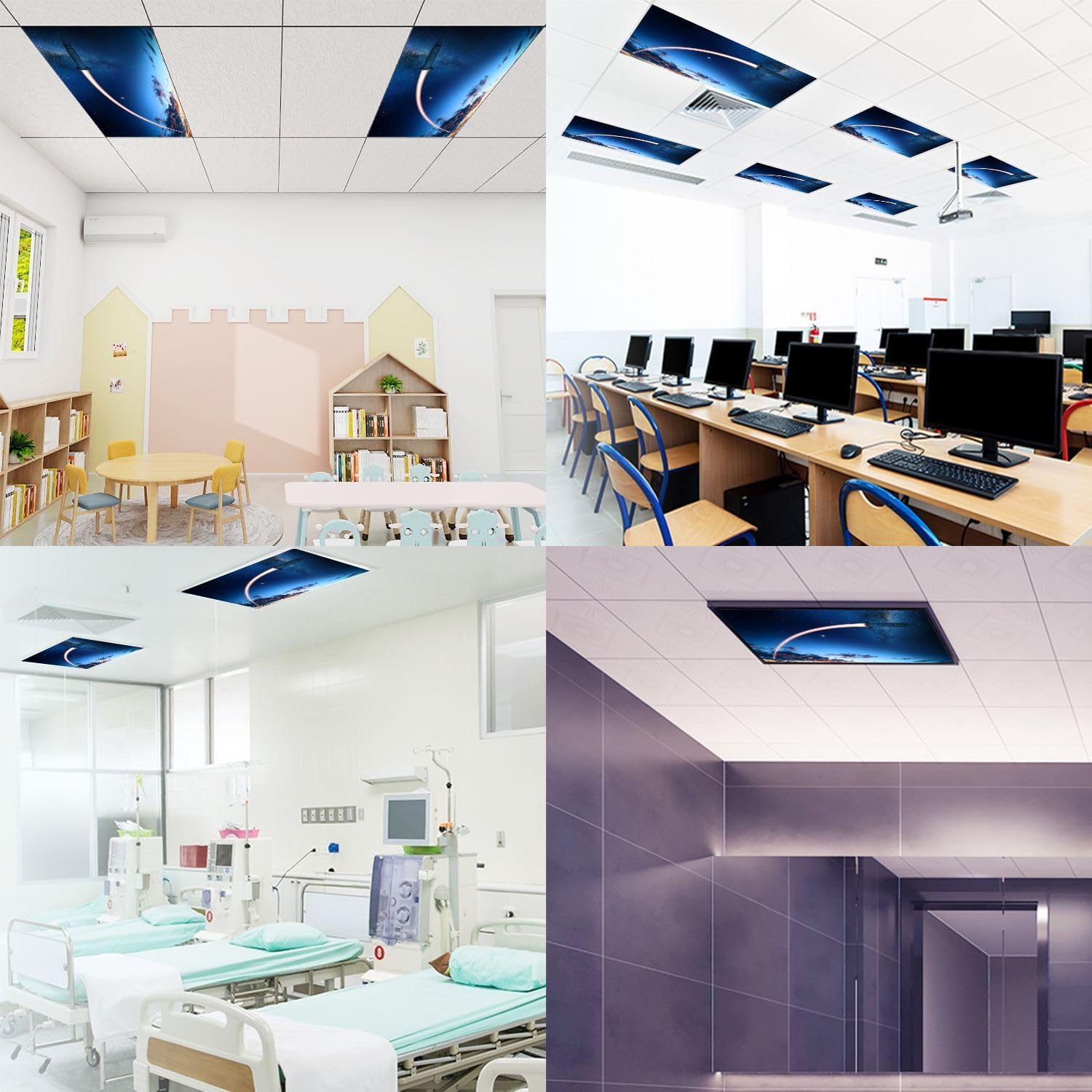 Fluorescent Light Covers for Ceiling Lights Long Exposure Night Time Rocket Launch Planet Earth Easy to Install Magnetic Light Filter for Classroom Office Hospitals School Home Decor