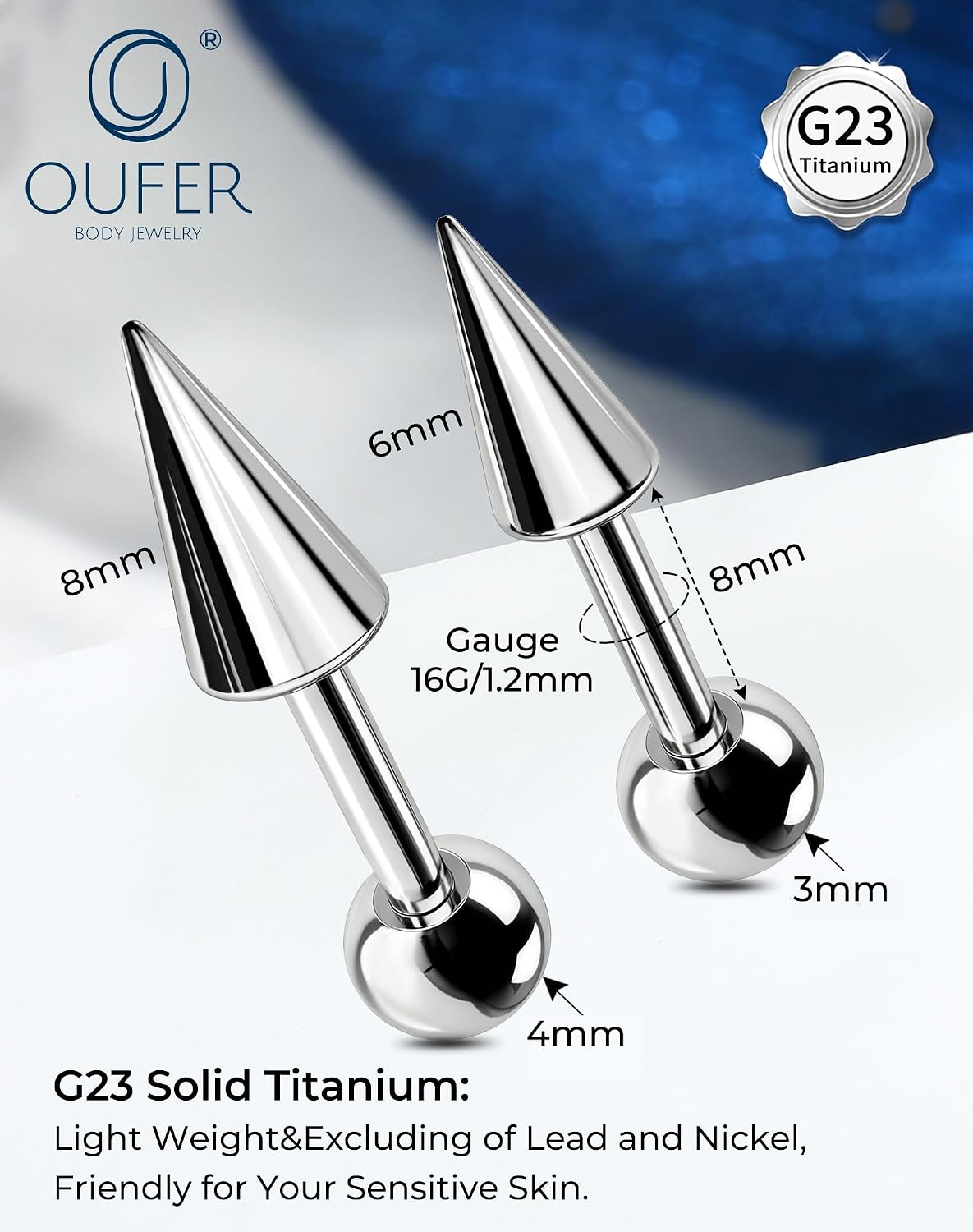 OUFER Titanium Vertical Helix Piercing Jewelry-16G 8MM Hidden Helix Jewelry, 2PCS Spike Vertical Labret Stud, Cartilage Rook Conch Earrings For Women Men