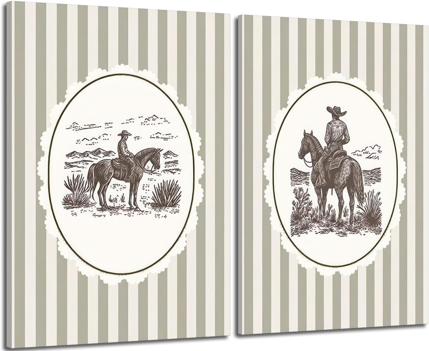 2Pcs Western Cowboy Wall Art Striped Cowboys on Horses Wall Decor Pictures Rustic Mid Century Horse Canvas Posters Prints for Bedroom Bathroom Living Home Decoration 16x24in Ready to Hang
