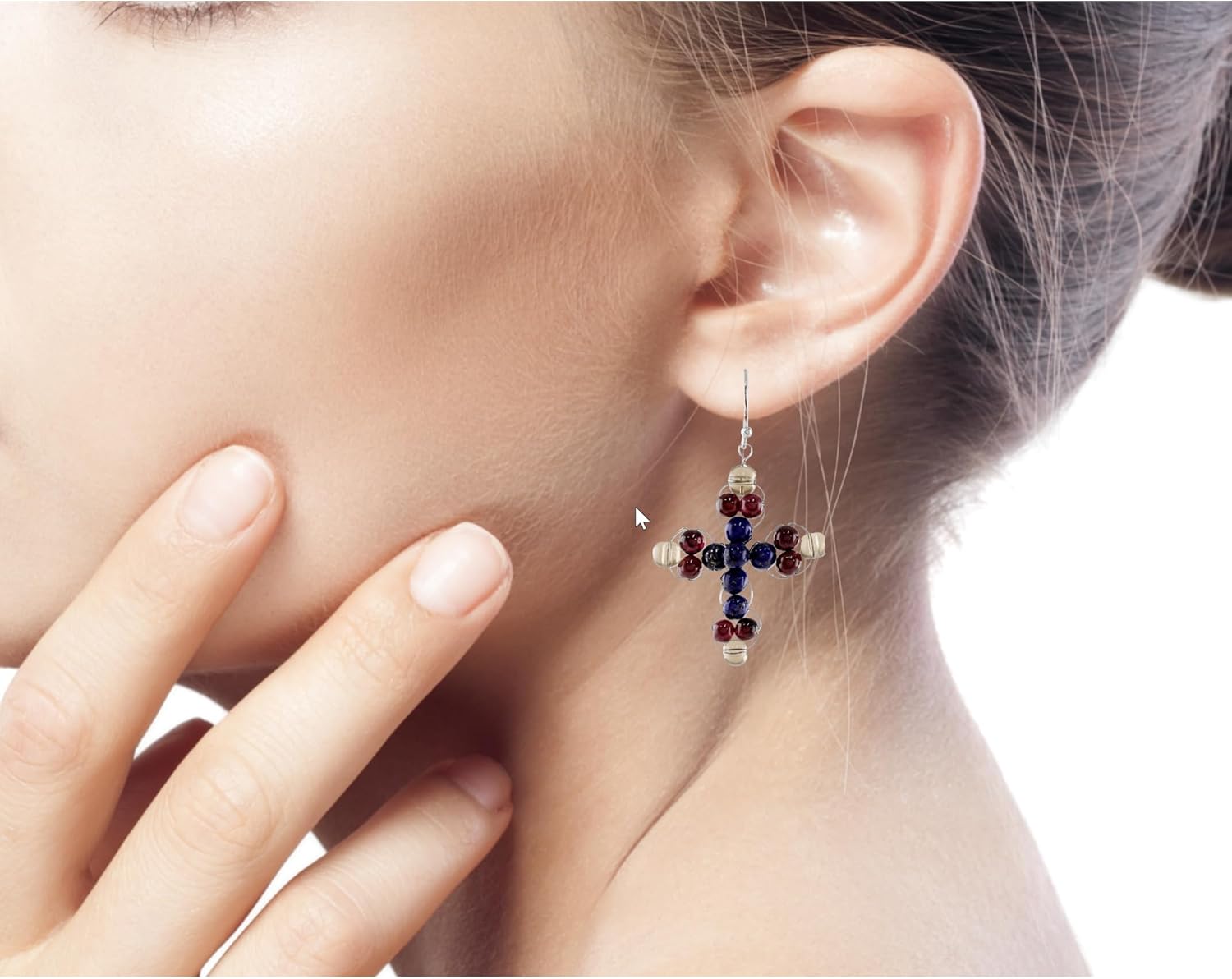 NOVICA Artisan Handmade Lapis Lazuli Garnet Dangle Earrings Cross from Thailand [1.8 in L x 1.1 in W] ' Cross of Hope'