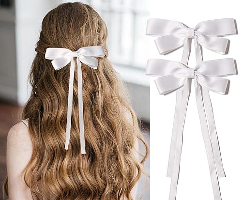Furling Pompoms 2 lazos de cinta para el pelo para mujer, clip de cintas blancas para niñas, clip de cocodrilo con borla para el cabello, lazos para