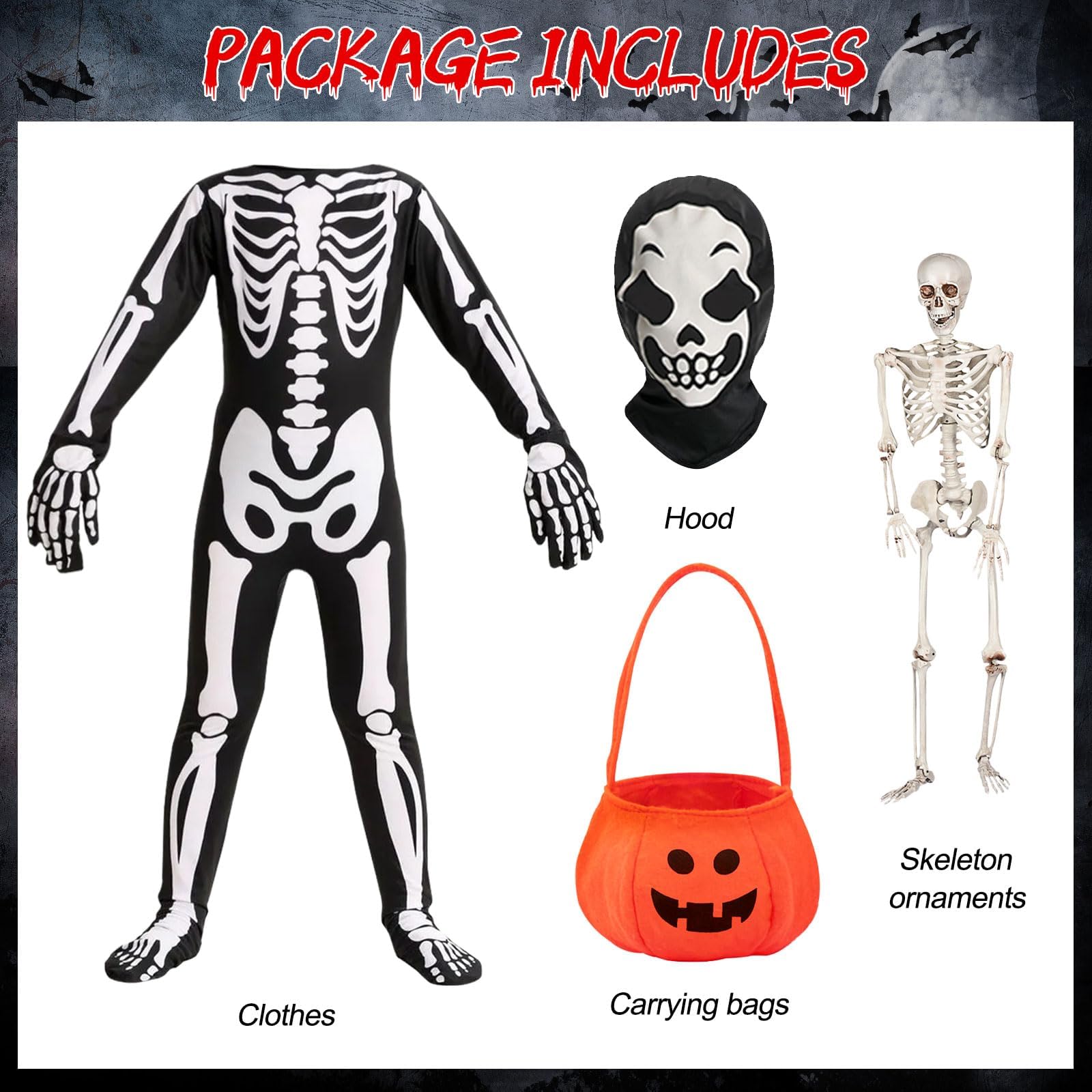 YADODO Skeleton Costume Kids Boys Girls 6-7 Glow in the Dark Skeleton Onesie Outfit Jumpsuit Kids Light up Suit with Bag Necklace Spooky Scary Halloween Skull Zombie Scream Costume for Boys Girls - Image 4