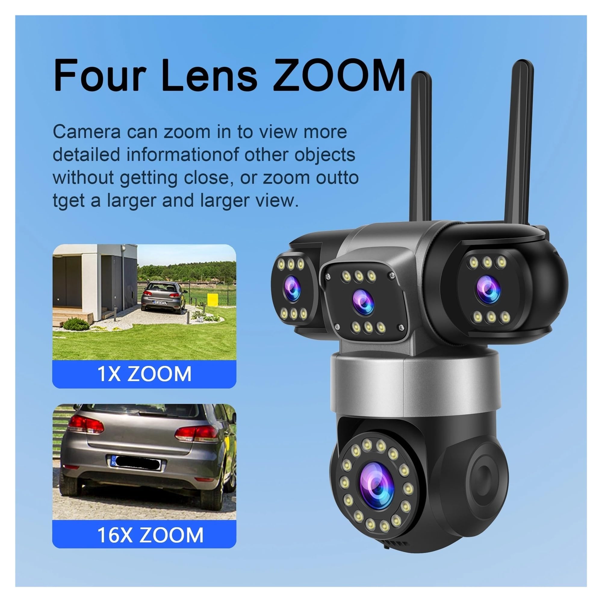 Telecamera di sicurezza esterna WiFi PTZ da 20 MP con 4 obiettivi | Telecamera CCTV con zoom 16X con impermeabilità IP66, audio bidirezionale e tracciamento automatico(UK Plug,Camera)
