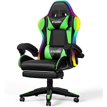 Bigzzia RGB Gaming Chair with Footrest, Lumbar Massage for Adult/Kid（Green） | Ergonomic Gamer Chair with Racing Style LED RGB Lights, High Back Reclining, 360&deg; Swivel and Height Adjustment.