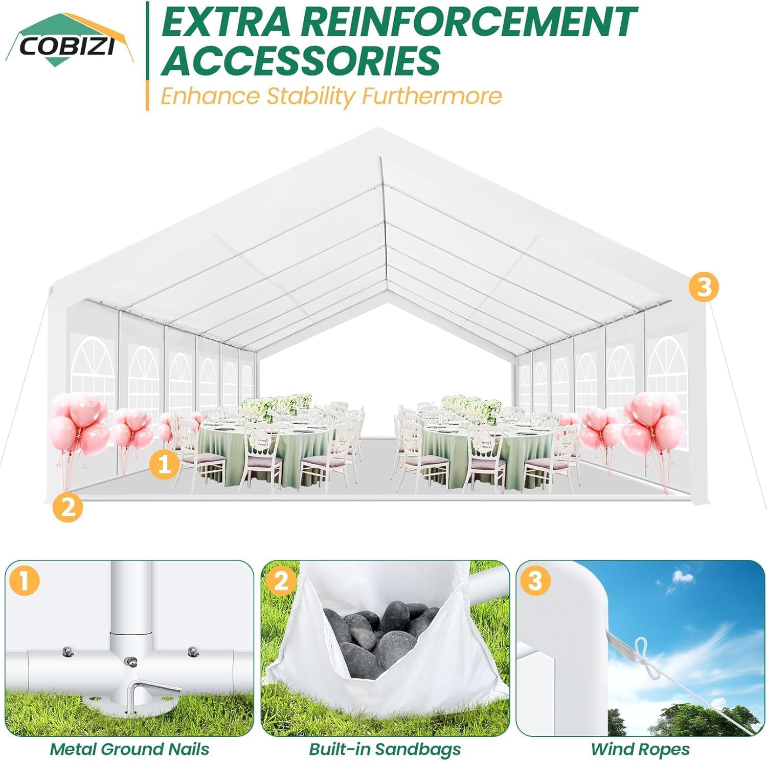 COBIZI 20x40 Party Tent Heavy Duty for Parties, Powder Coating (Better Than Galvanized), Waterproof for Church & Wedding, Large Outdoor Event Gazebo with Removable Sidewall & Built-in Sandbag, White