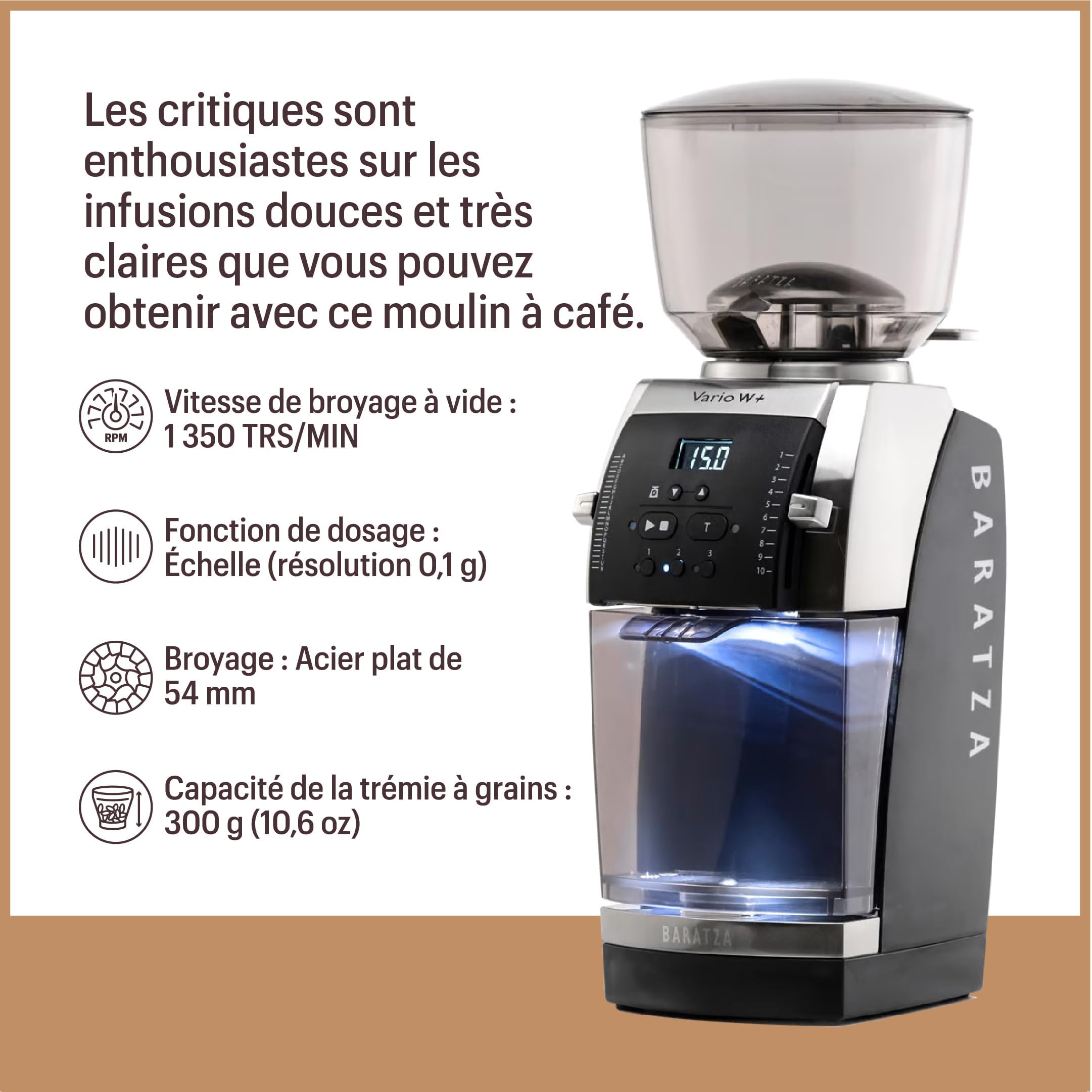 Baratza - Vario W+ 230V Coffee Grinder - Moulin à café électrique avec Fraises Plates en Acier de 54 mm - Programmable Individuellement pour Espresso, Cafetière, et Café Filtre - Noir