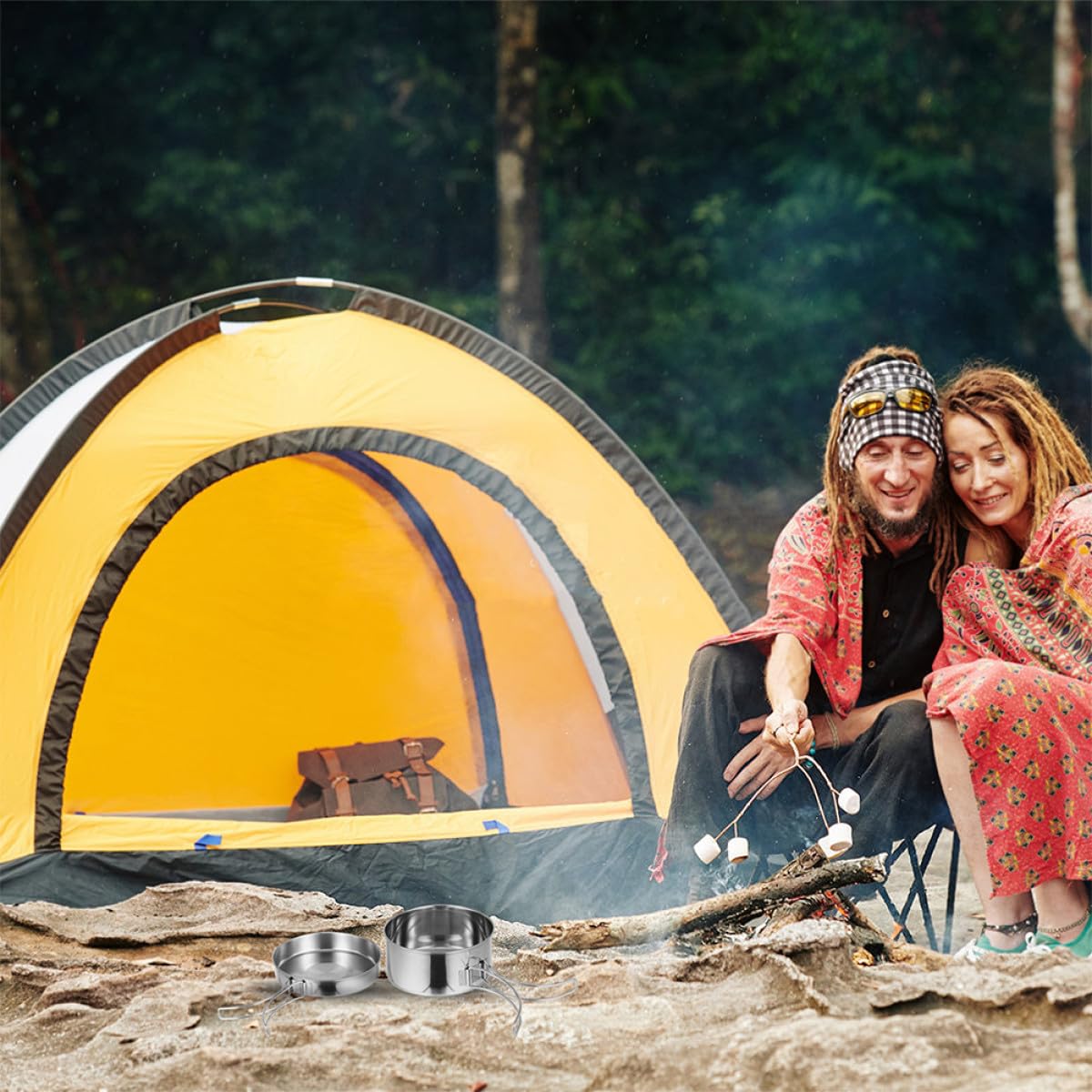 TOYANDONA Ensemble Cuisine de Camping 8 Pièces en Acier Inoxydable, Poêles et Casseroles Pliables pour 5-6 Personnes, Kit Ustensiles Barbecue Randonnée Outdoor, Set Popote Léger et Compact