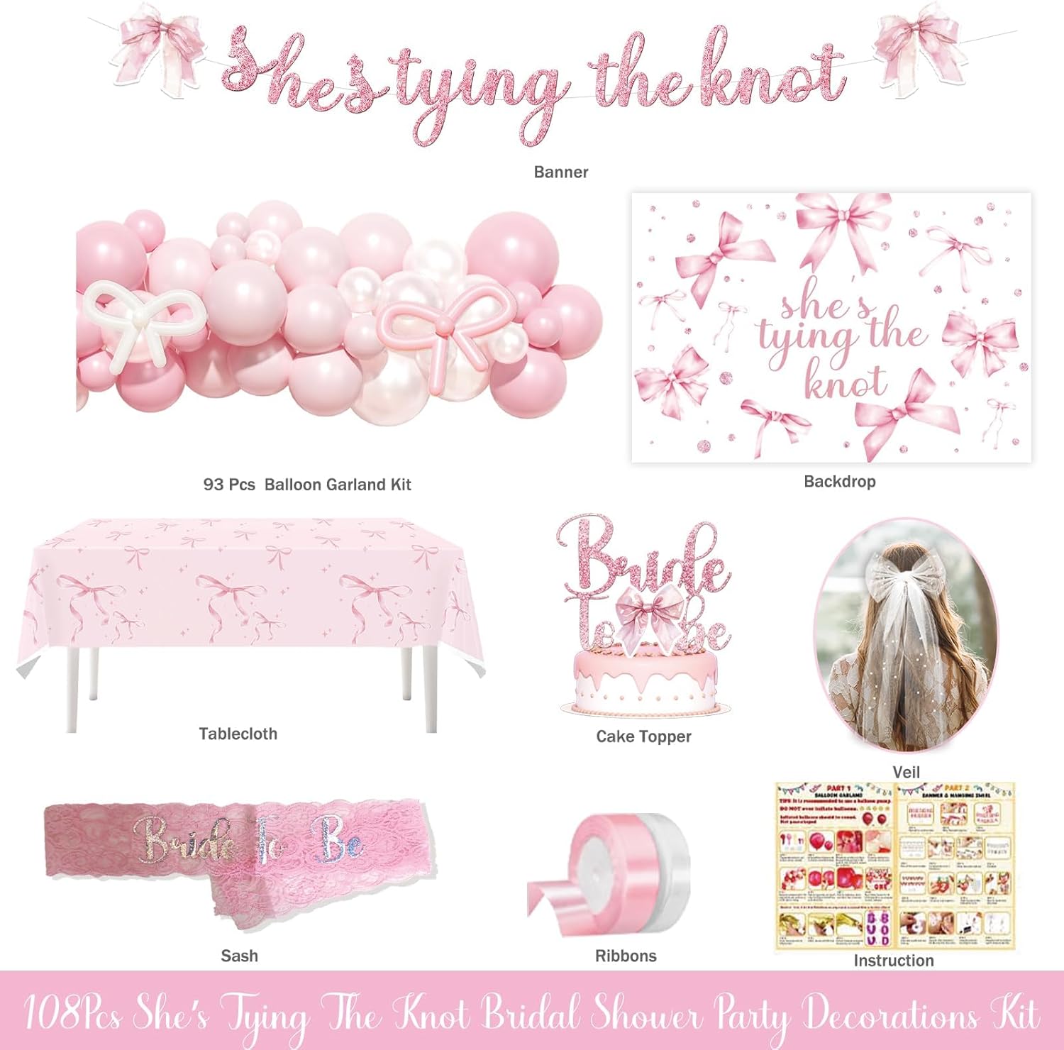 Party Inspo Shes Tying The Knot Bridal Shower Decorations – 108 PCs Pink Bow Party Supplies with Backdrop, Banner, Balloon Garland, Tablecloth, Cake Topper, Sash, Ribbon, Veil