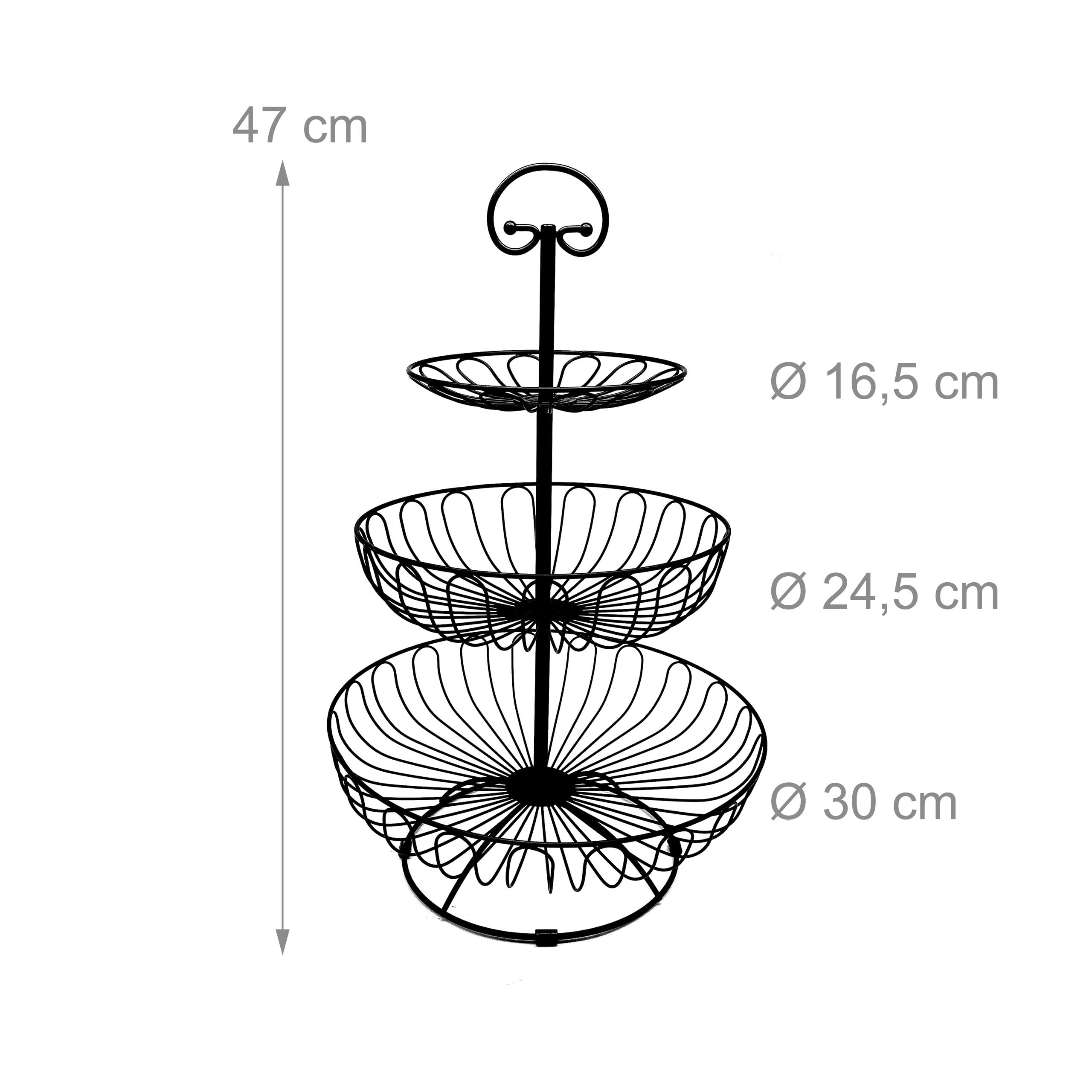 Relaxdays Etagere per Frutta, 3 Piani, Metallo, HxD: 47 x 30 cm, Frutta, Verdura, con Anello, Cesto Rotondo, Nero