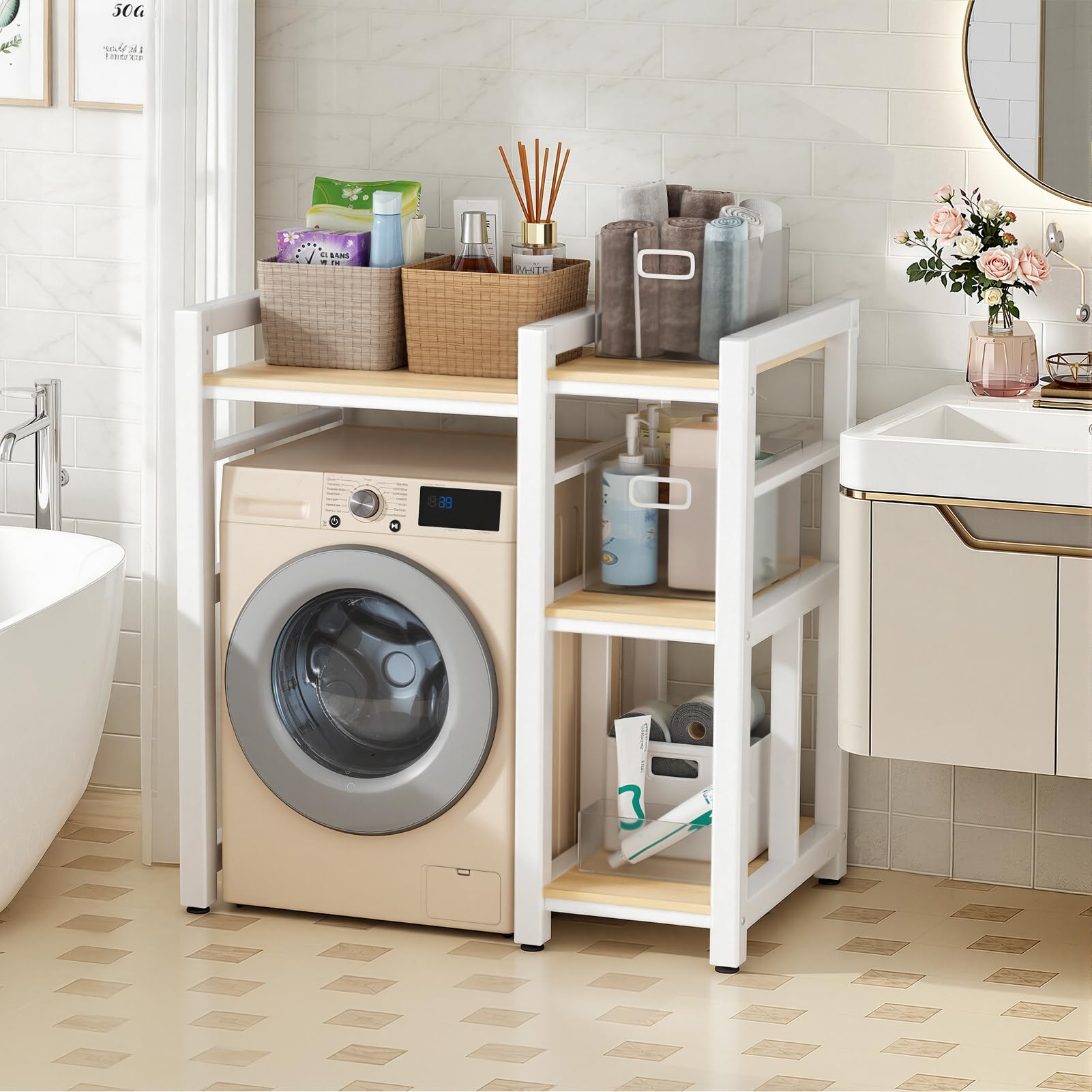 Saftspzre White Washer Dryer Stand, Height Adjustable Stacking Kit For Washing Machine & Tumble Dryer – Laundry Storage Rack
