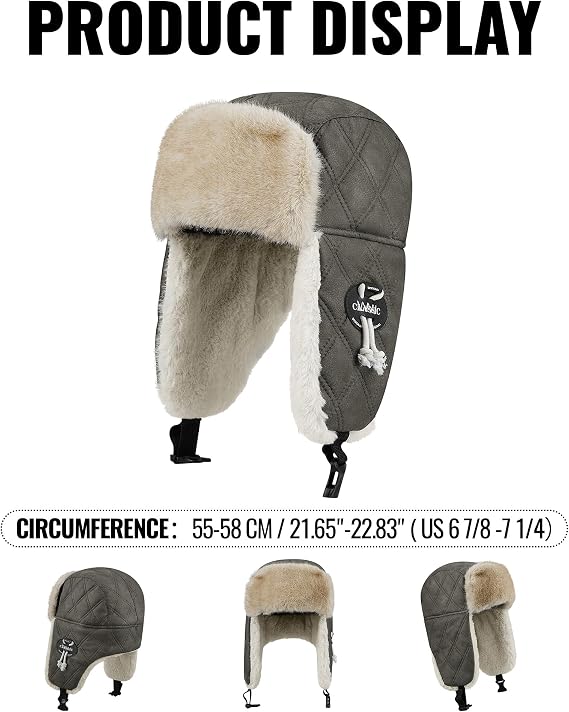 Clakllie Unisex Trapper Winter Hat Waterproof Leather Eskimo Hats Russian Ushanka Caps Trooper Aviator Cap with Earflaps