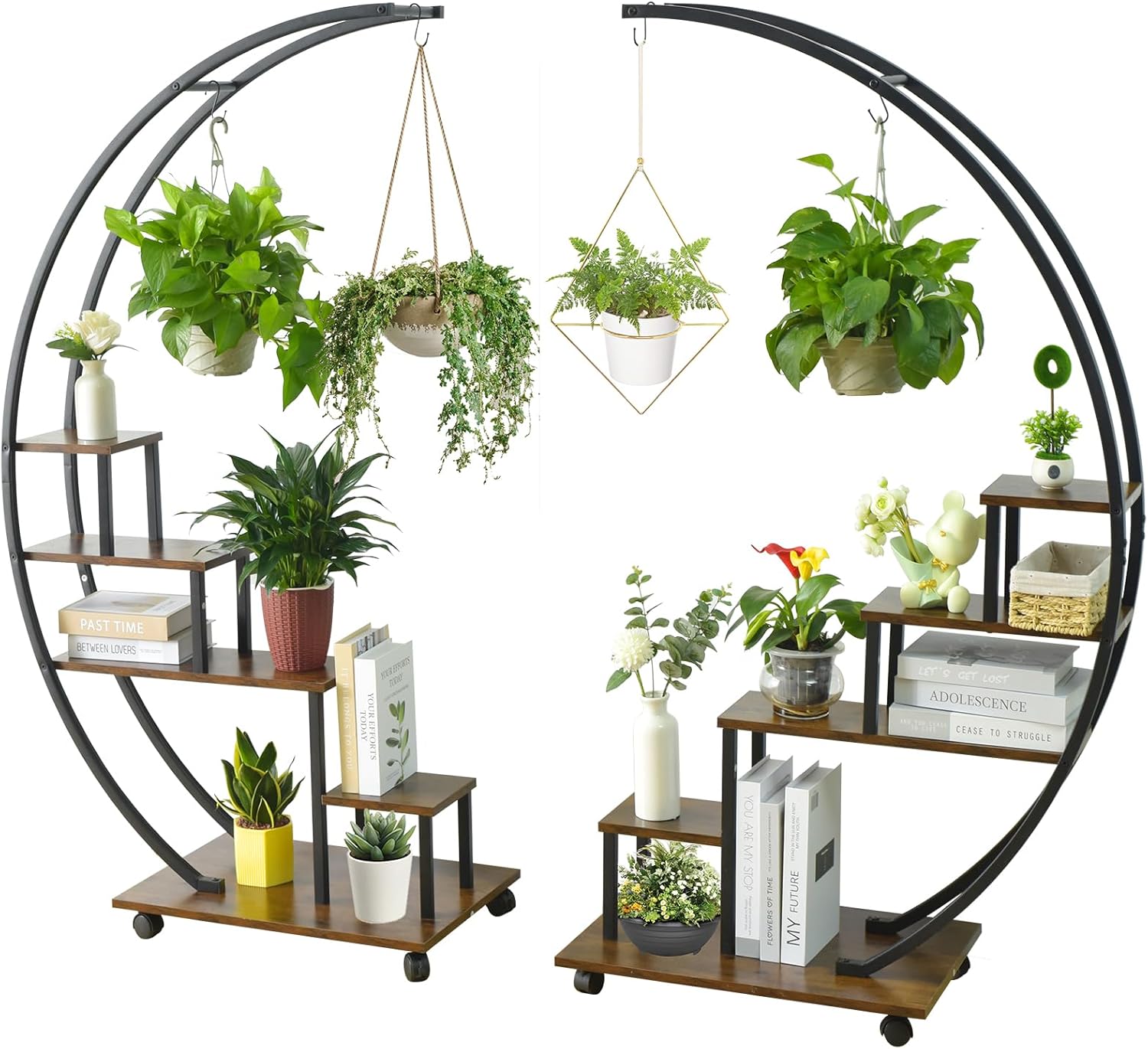 YIFOR 2 PCs 5 Tier Metal Plant Stand with Detachable Wheels, Half Moon Shaped Plant