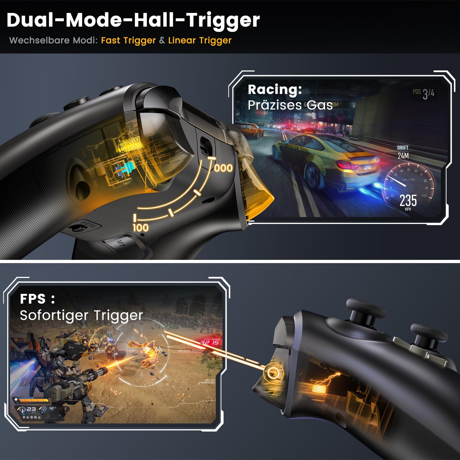 HELLCOOL PC Controller mit Ladestation – 2,4 GHz Wireless PC Gamepad mit Hall-Effekt Joysticks&Trigger, Kein Stick-Drift, 1000Hz Polling Rate, Ergonomisch, kompatibel mit Windows PC/Switch/Android/iOS