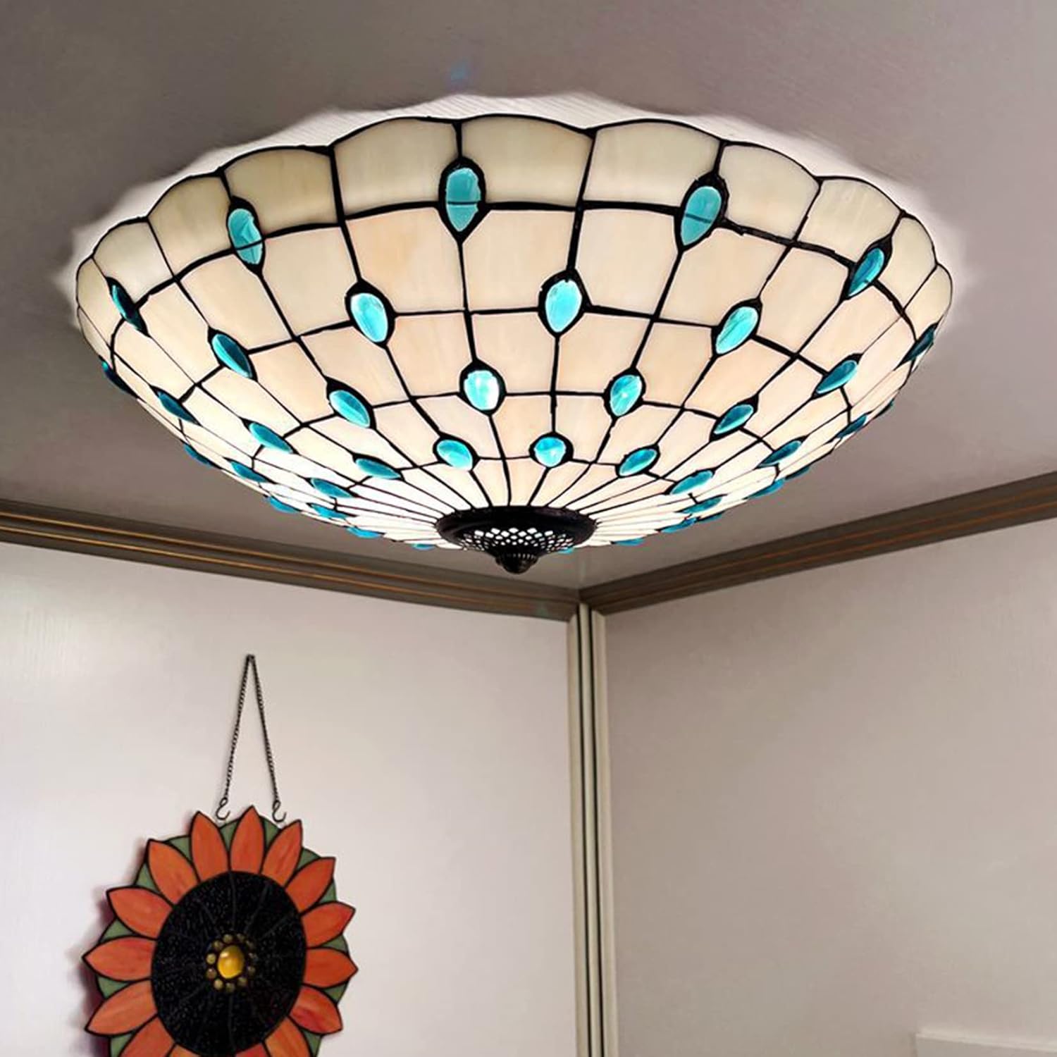Tiffany Flush Mounts Ceiling Lights,Peacock Blue Crystal Beads Stained Glass Lampshade Ceiling Lamp for Kitchen Dining Room Livingroom Bedroom Ceiling Chandeliers Pendant Light,Blue,16in