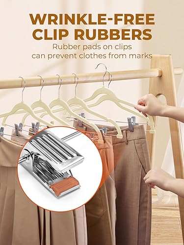 Miniatura 4 de HOUSE DAY - Perchas de terciopelo para faldas, paquete de 12, perchas beige para pantalones con clips ajustables, perchas delgadas que ahorran