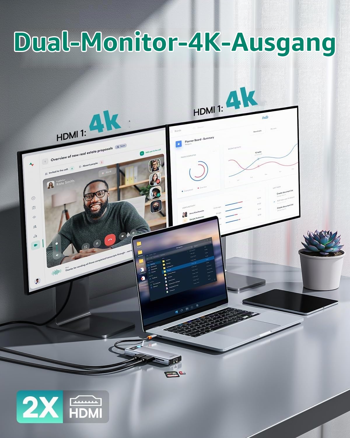 Baseus USB C HUB Dual 4K HDMI Display, 9 in 1 Docking Station 2 HDMI Dual Monitor, Gigabit Ethernet, 100W PD, SD/TF-Kartenleser, 3 USB, USB C Multiport Adapter für MacBook/Dell/HP/Surface/Lenovo