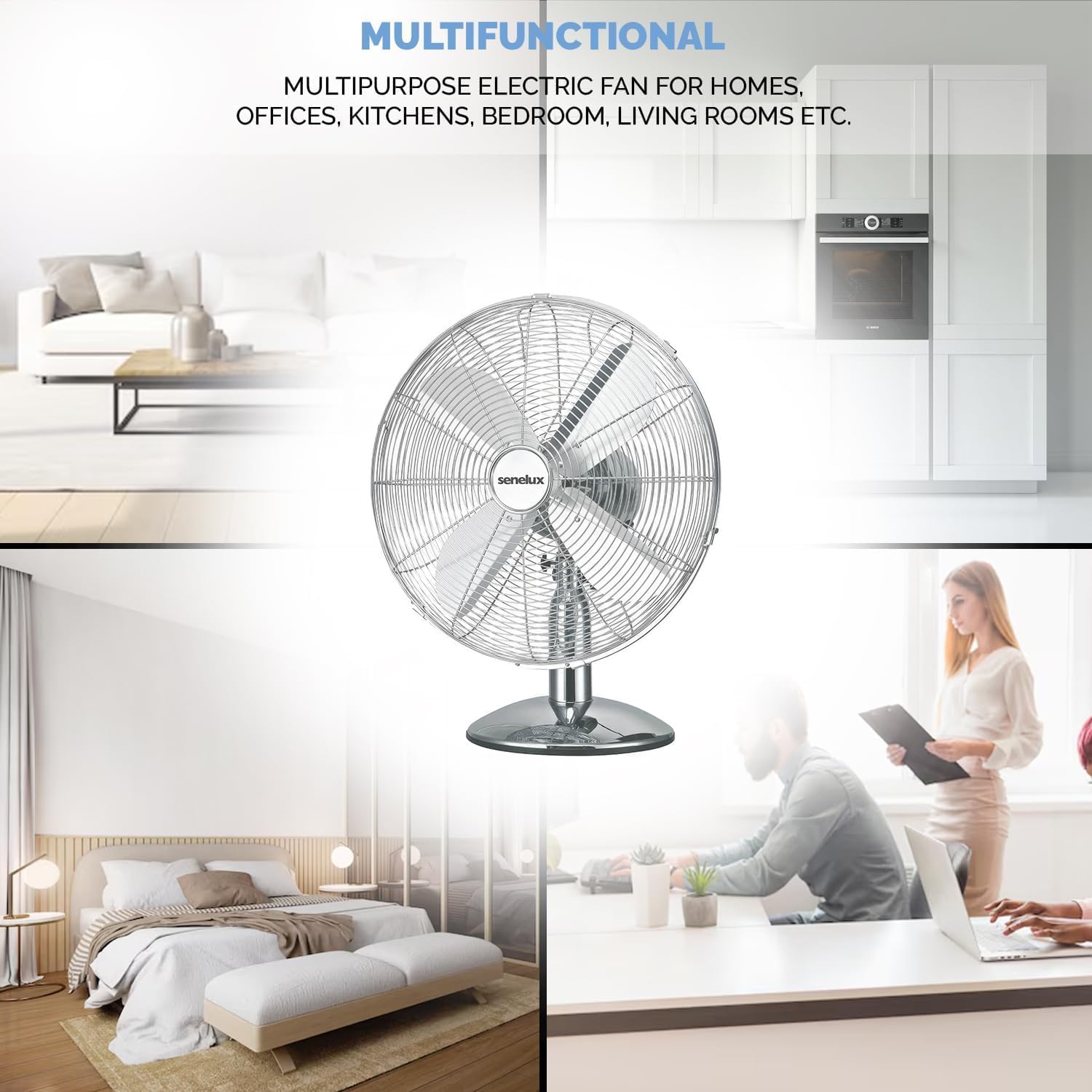 Senelux 30 cm (12 Zoll) Chrom-Tischventilator, 3 Geschwindigkeitsstufen, leiser Betrieb, oszillierend, stabiler Standfuß, Tisch-/Nachttischventilator, Retro-Chrom-Design, ideal für Zuhause und Büro
