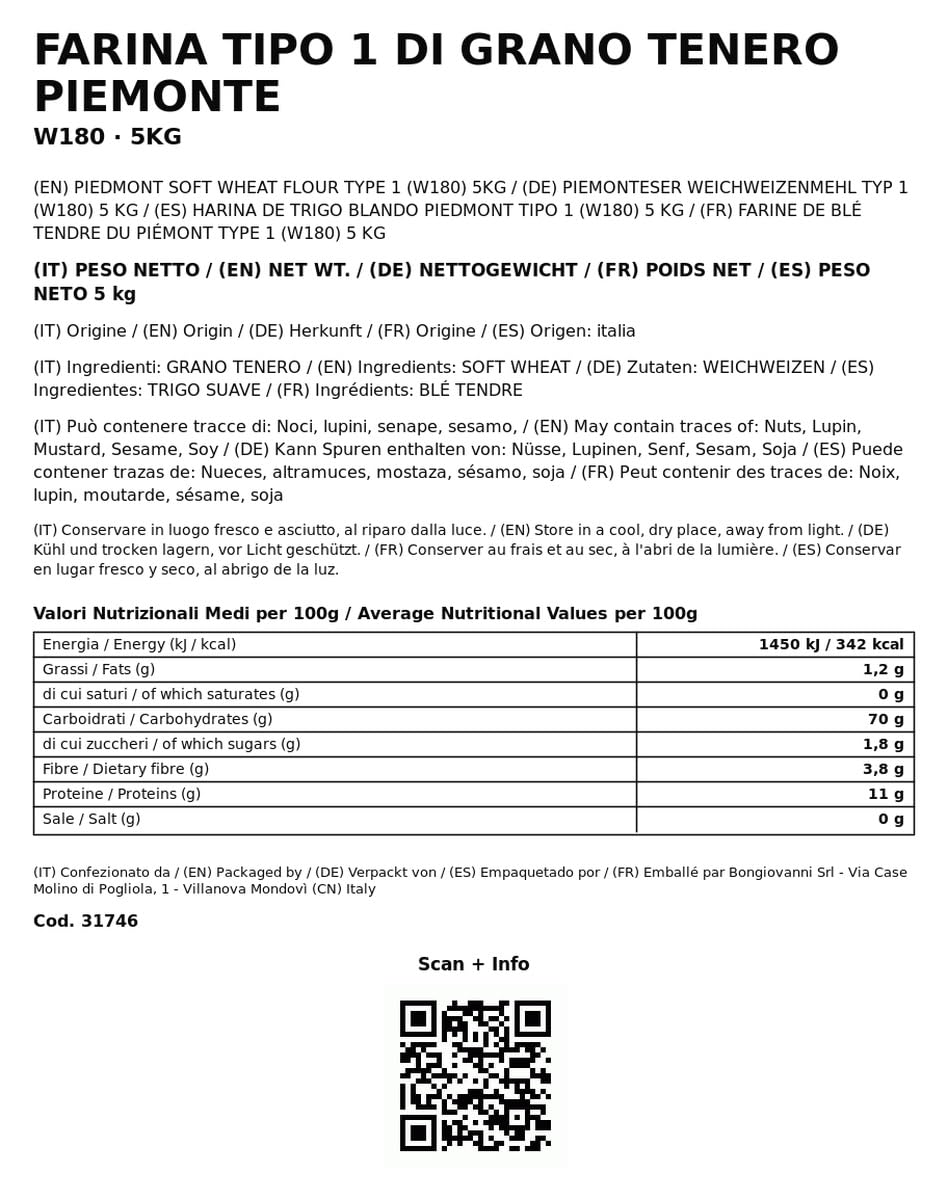 BONGIOVANNI FARINE E BONTA' NATURALI Farina Tipo 1 Grano Tenero Piemonte 5kg