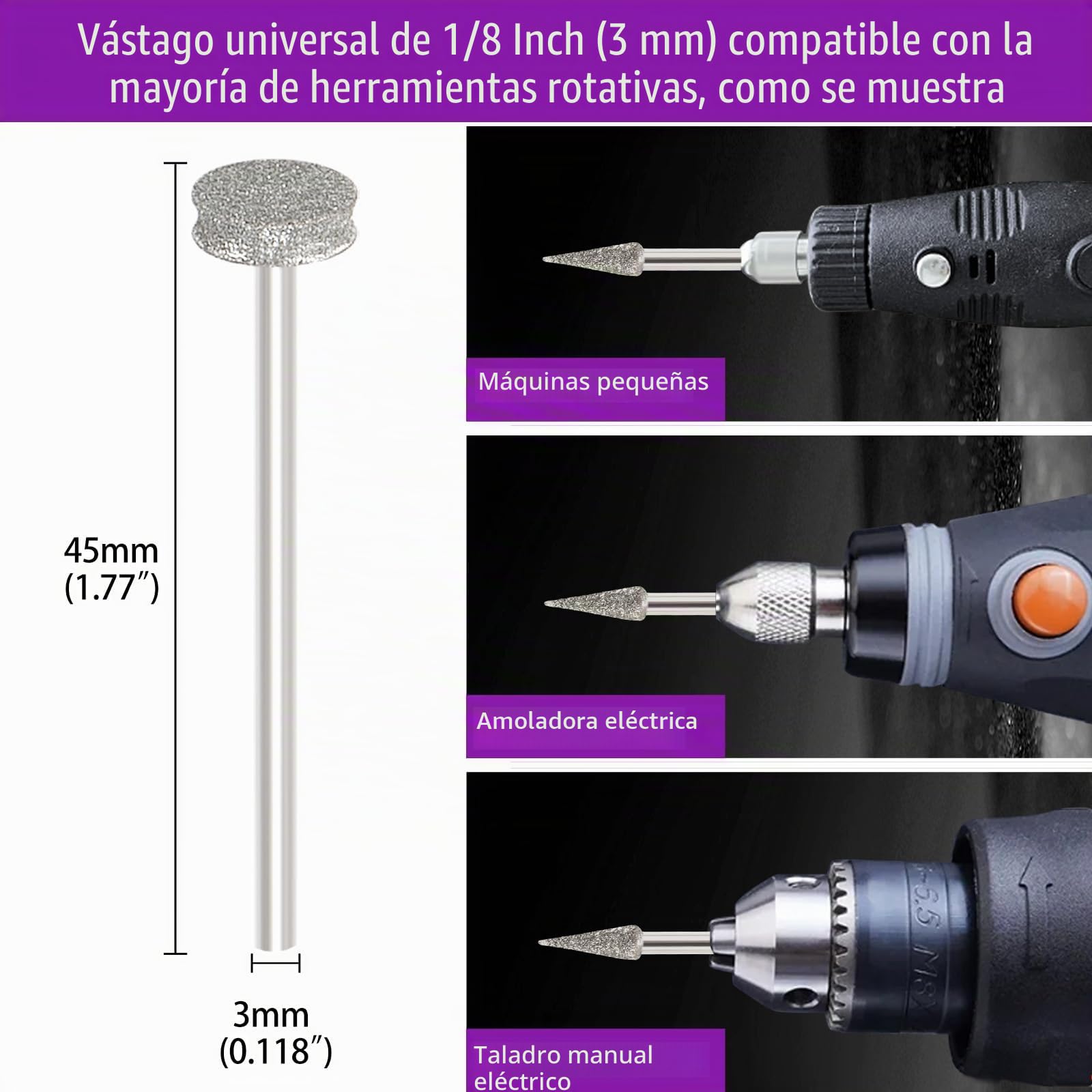 Juego de 52 brocas de diamante multifuncionales compatibles con Dremel, brocas de diamante para herramientas rotativas, vástago de 3 mm, para tallar, pulir, moler