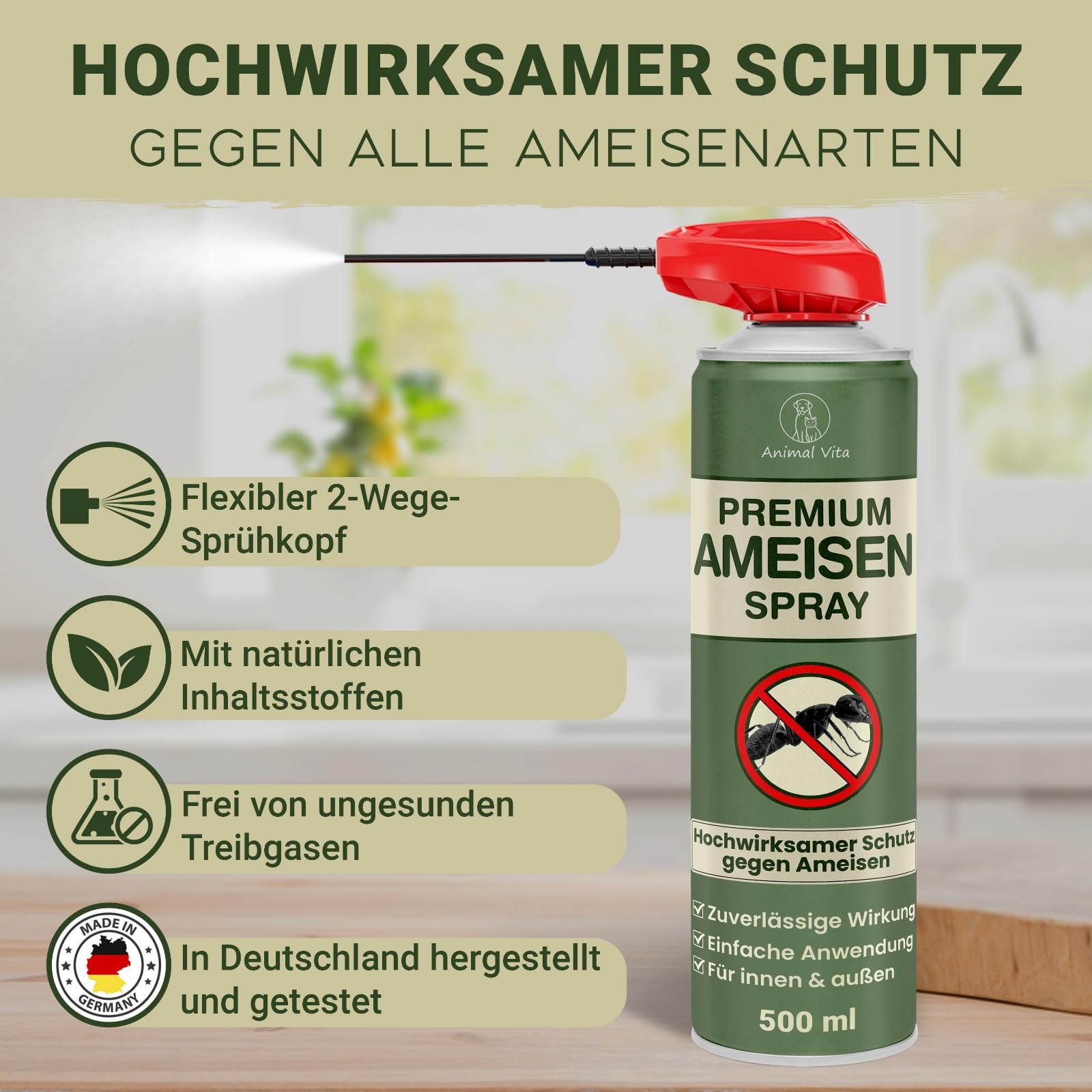 Animal Vita Ameisen Premium Spray [hochwirksam] - Ameisenspray mit effektiver Sofortwirkung für Innen & Außen - Mittel gegen Ameisen – wirkt schnell und zuverlässig
