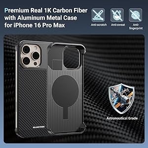 Compatible for iPhone 16 Pro Max Case 6.9 inch, Real Carbon Fiber Back + Aluminum Frame, Magnetic Mount Compatible, Slim Lightweight Protective Cover, Natural Grip Design - Black