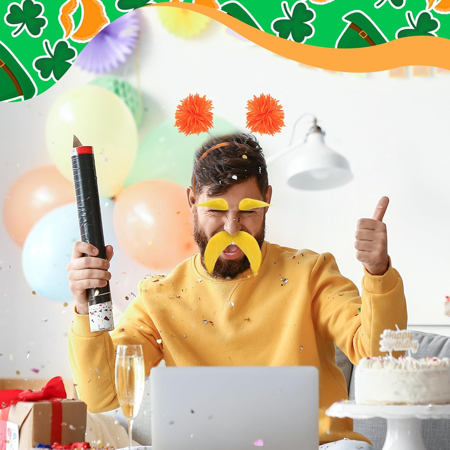 JenPen Yellow Mustache Eyebrows Pom Yarn Springs Head Bopper Costume Set Orange Pom Headband Fake Beard Party Cosplay