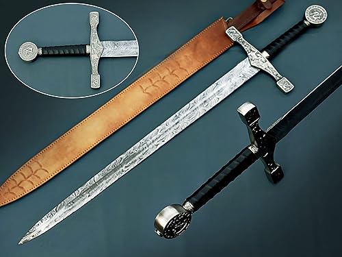 HUNTEX - Réplica de espada medieval de acero de Damasco legendaria exclusiva Excalibur de 37 pulgadas de largo, navaja afilada con vaina de cuero