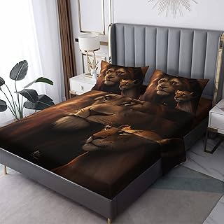 GEDAEUBA Lion Sheets Queen Size - Wild Animal Bed Sheets for Kids Boys Girls, Wildlife Sheet Set, Soft Microfiber & Deep Pocket & Wrinkle Free Fitted Sheet, Flat Sheet and Pillow Cases