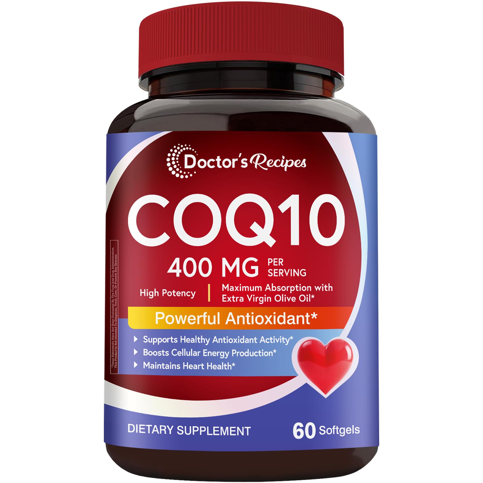 Doctor's Recipes CoQ10 400 mg High Potency, Stable Form Ubiquinone, Superior Absorption with Extra Virgin Olive Oil, Antioxidant for Heart & Energy, Naturally Fermented, Gluten-Free, 60 Softgels 60 Count (Pack of 1)