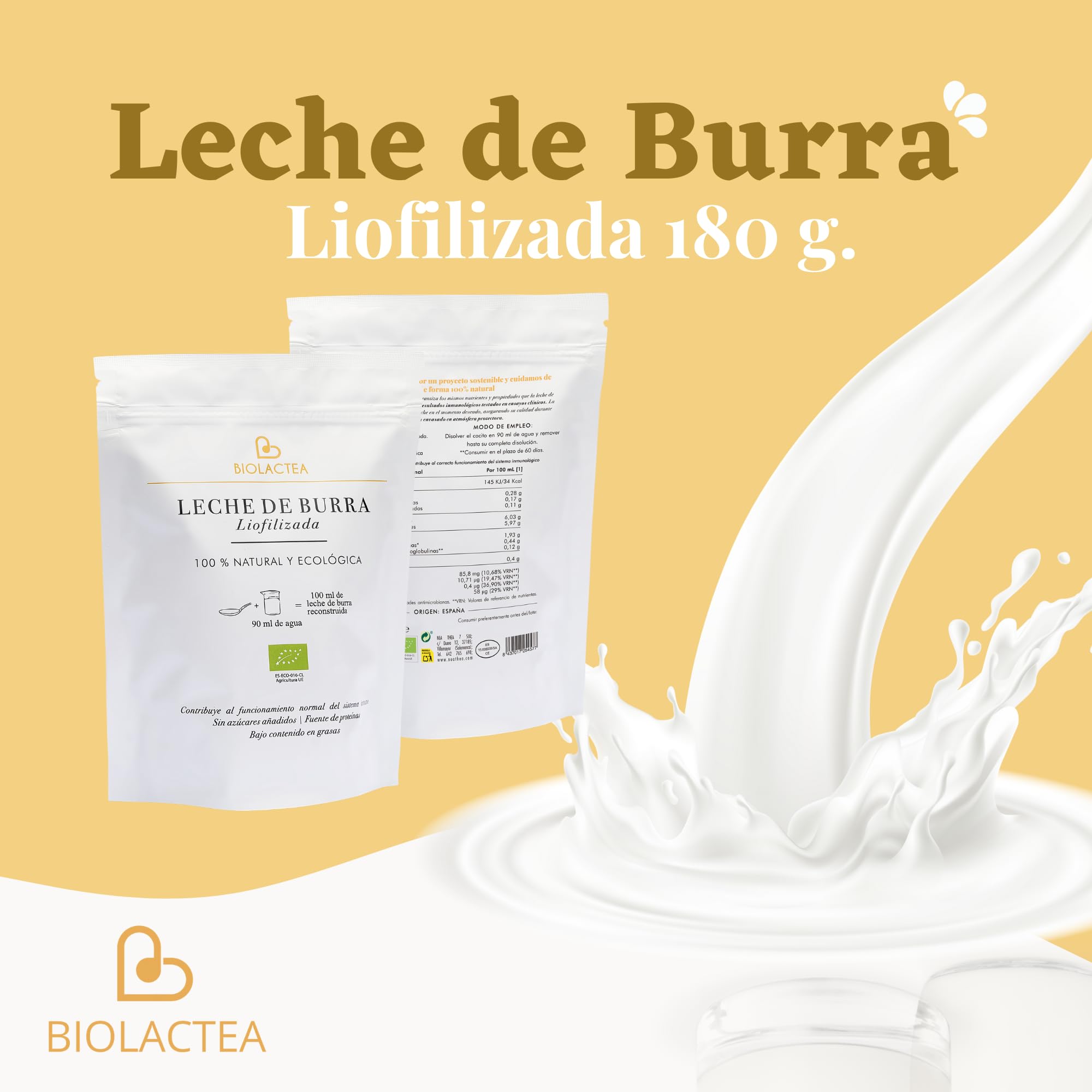 Biolactea Leche de Burra en Polvo 180 gr - Leche Pasteurizada Liofilizada Ecológica Rica en Proteínas