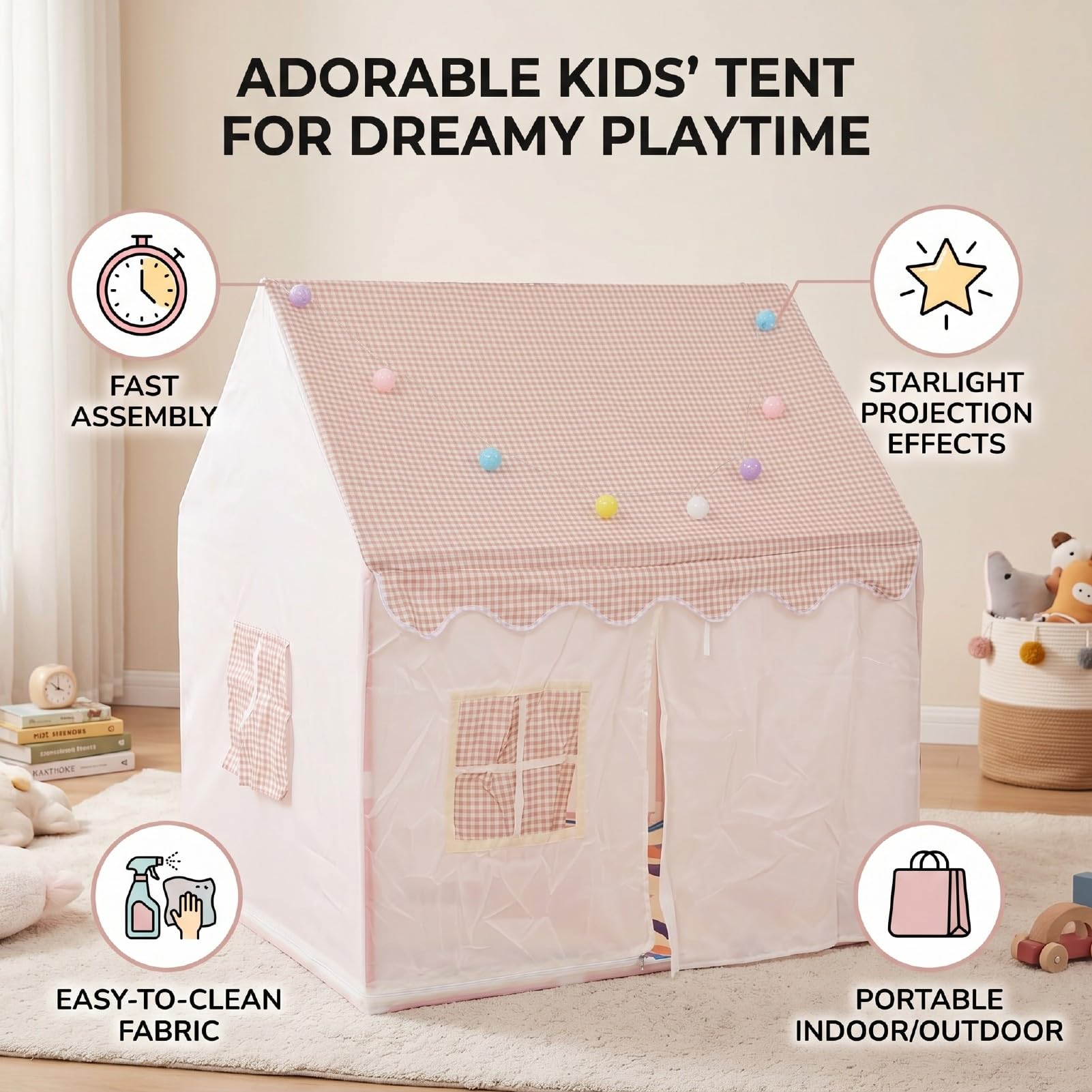 Kinderspielzelt, Polyester-Spielhaus für Drinnen und Draußen mit Sternenlichtern, 120 X 105 X 128 cm, Tragbares, Faltbares Design, Netzfenster-Rolltür für, Hinterhof, Strand, Camping