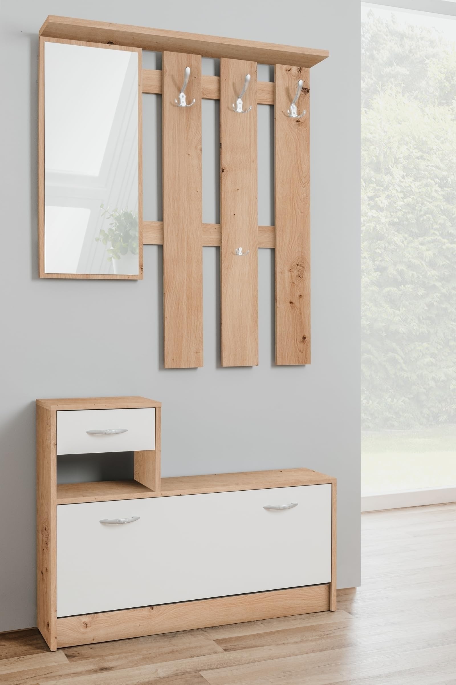 möbelando Kompaktgarderobe Rudolf Garderobe mit Spiegel Stauraum 100x180x25 cm Artisan Eiche Weiß